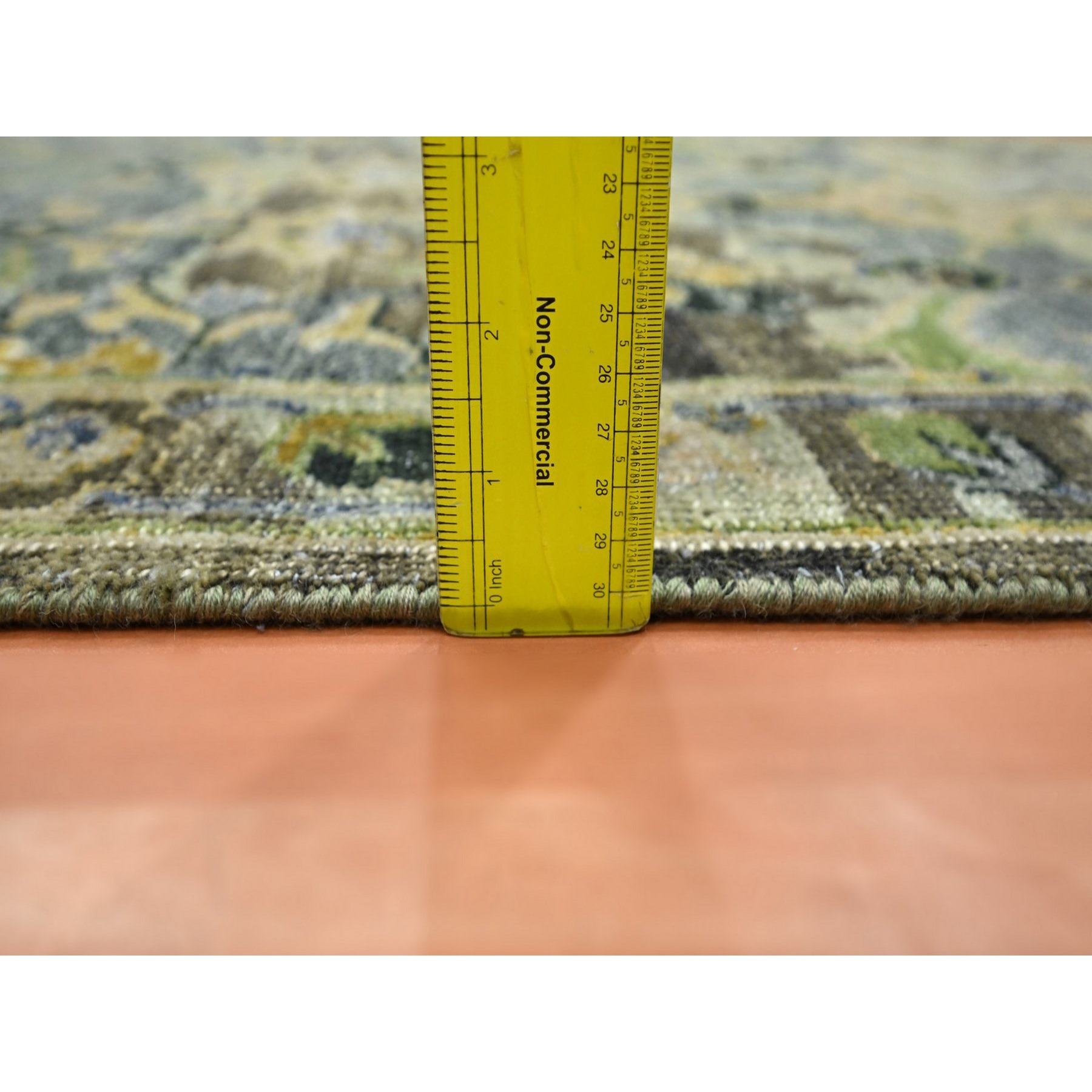 2'6"x12'4" Laurel Green, Broken and Erased Persian Inspired with Birds Design, Hand Knotted, Distinct Abrash, Shaved Low, 100% Wool, Runner, Oriental Rug Sh75687