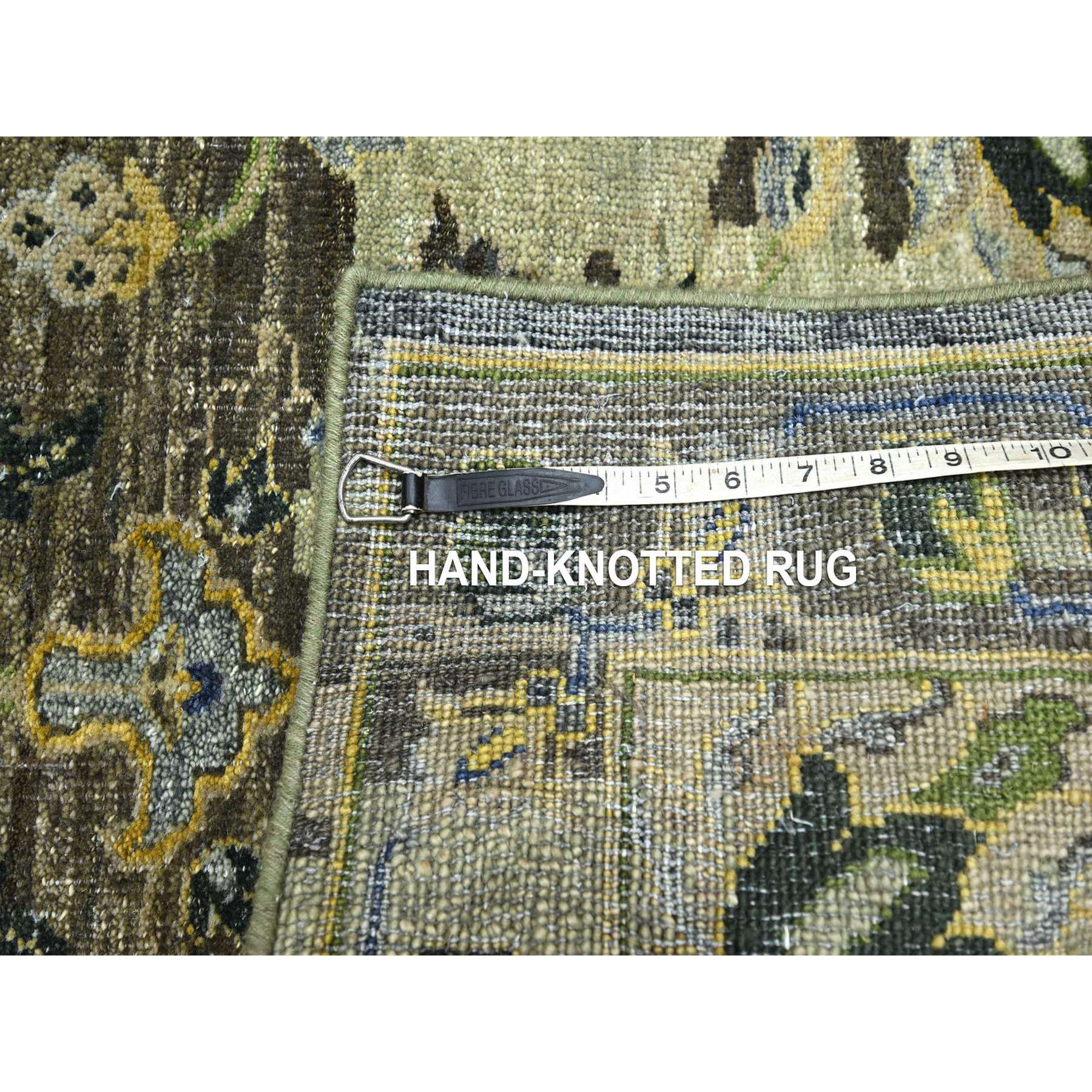 2'6"x12'4" Laurel Green, Broken and Erased Persian Inspired with Birds Design, Hand Knotted, Distinct Abrash, Shaved Low, 100% Wool, Runner, Oriental Rug Sh75687