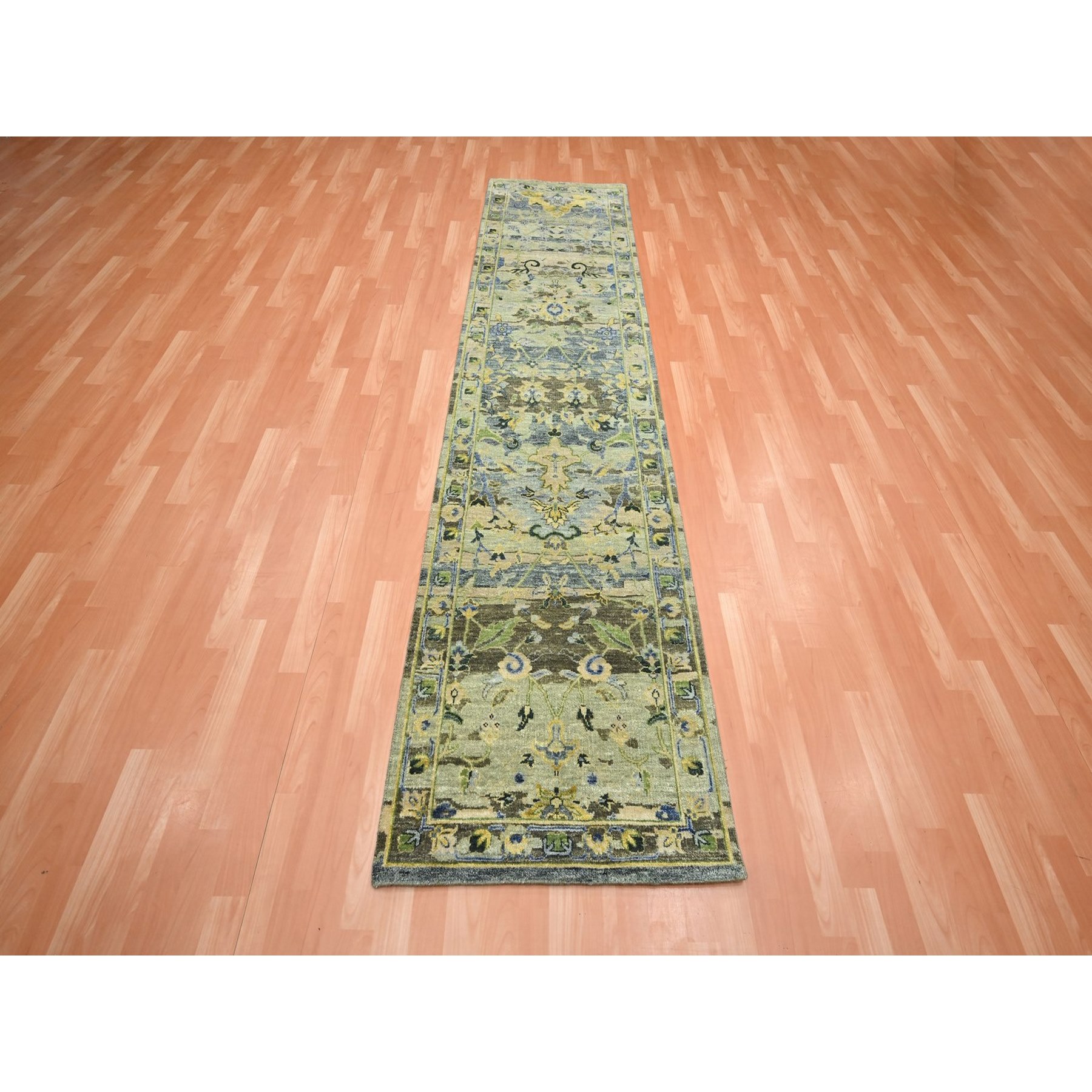 2'7"x10'5" Swamp Green, Broken and Erased Persian Inspired with Birds Design, Distinct Abrash, Shaved Low, Hand Knotted, Pure Wool, Runner, Oriental Rug Sh75688