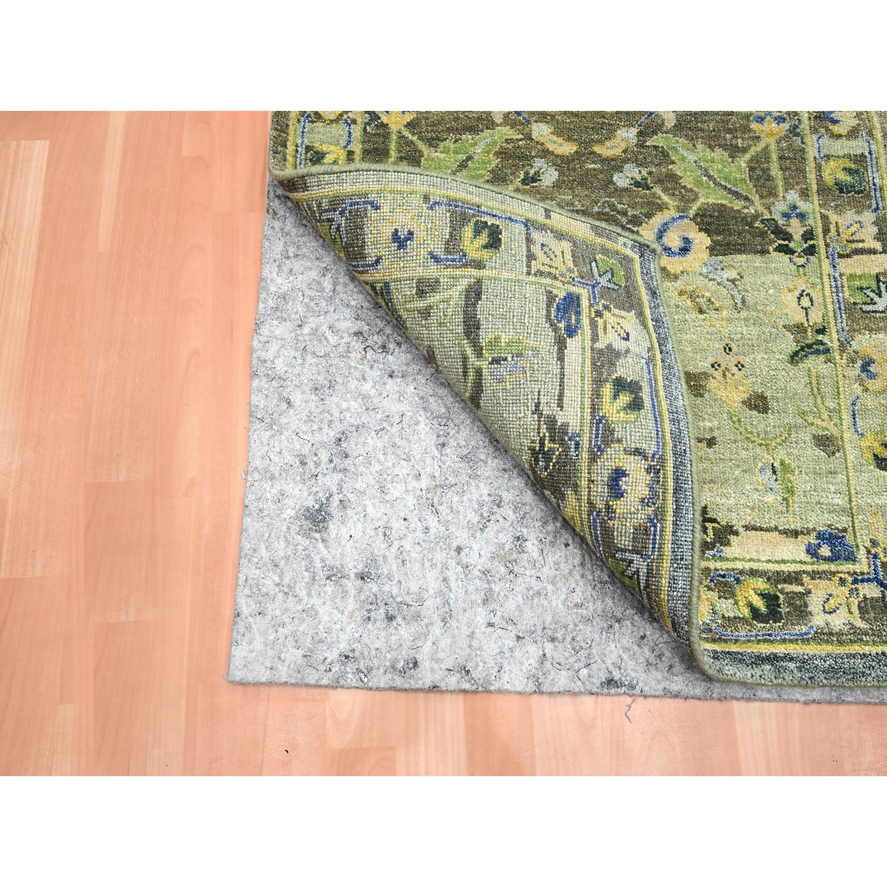 2'7"x10'5" Swamp Green, Broken and Erased Persian Inspired with Birds Design, Distinct Abrash, Shaved Low, Hand Knotted, Pure Wool, Runner, Oriental Rug Sh75688