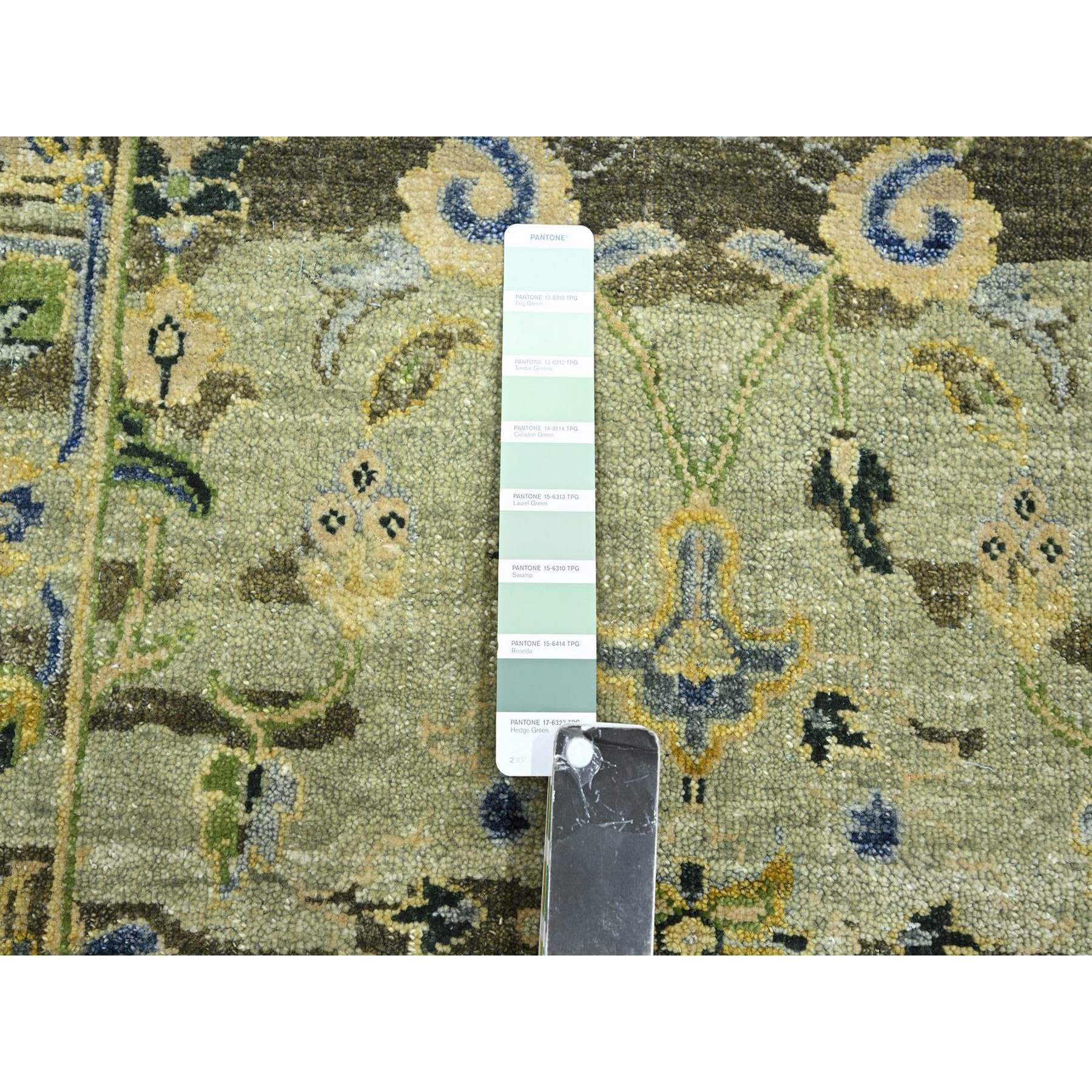2'7"x10'5" Swamp Green, Broken and Erased Persian Inspired with Birds Design, Distinct Abrash, Shaved Low, Hand Knotted, Pure Wool, Runner, Oriental Rug Sh75688