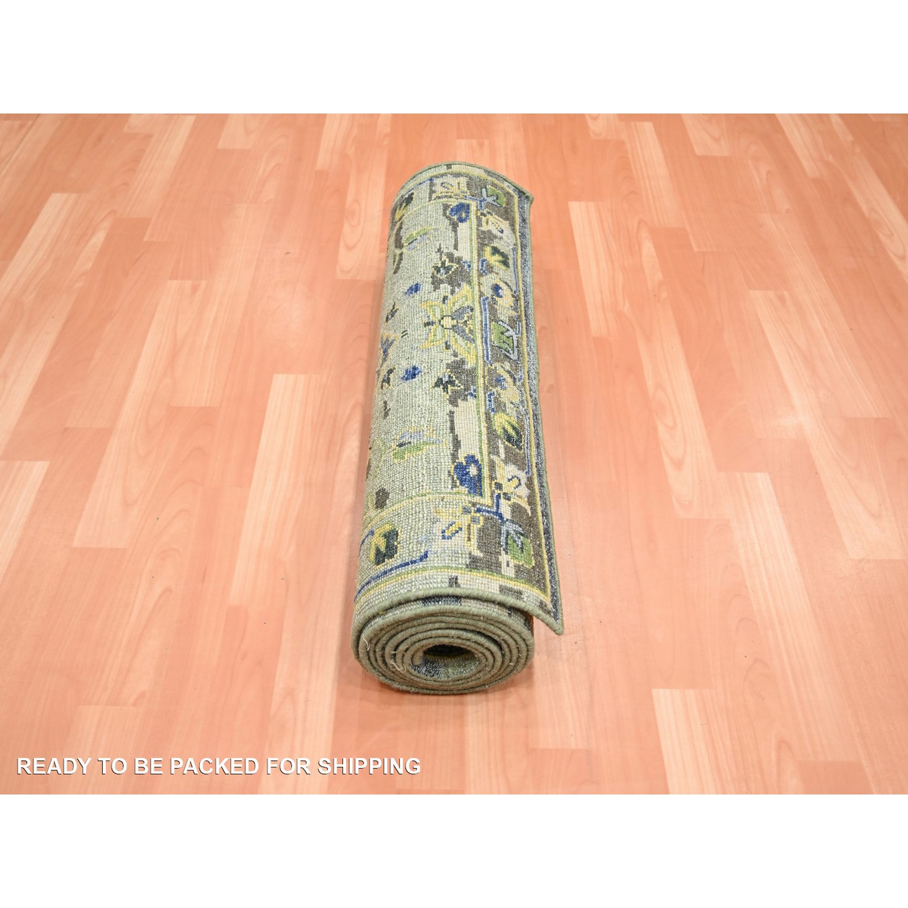2'7"x10'5" Swamp Green, Broken and Erased Persian Inspired with Birds Design, Distinct Abrash, Shaved Low, Hand Knotted, Pure Wool, Runner, Oriental Rug Sh75688