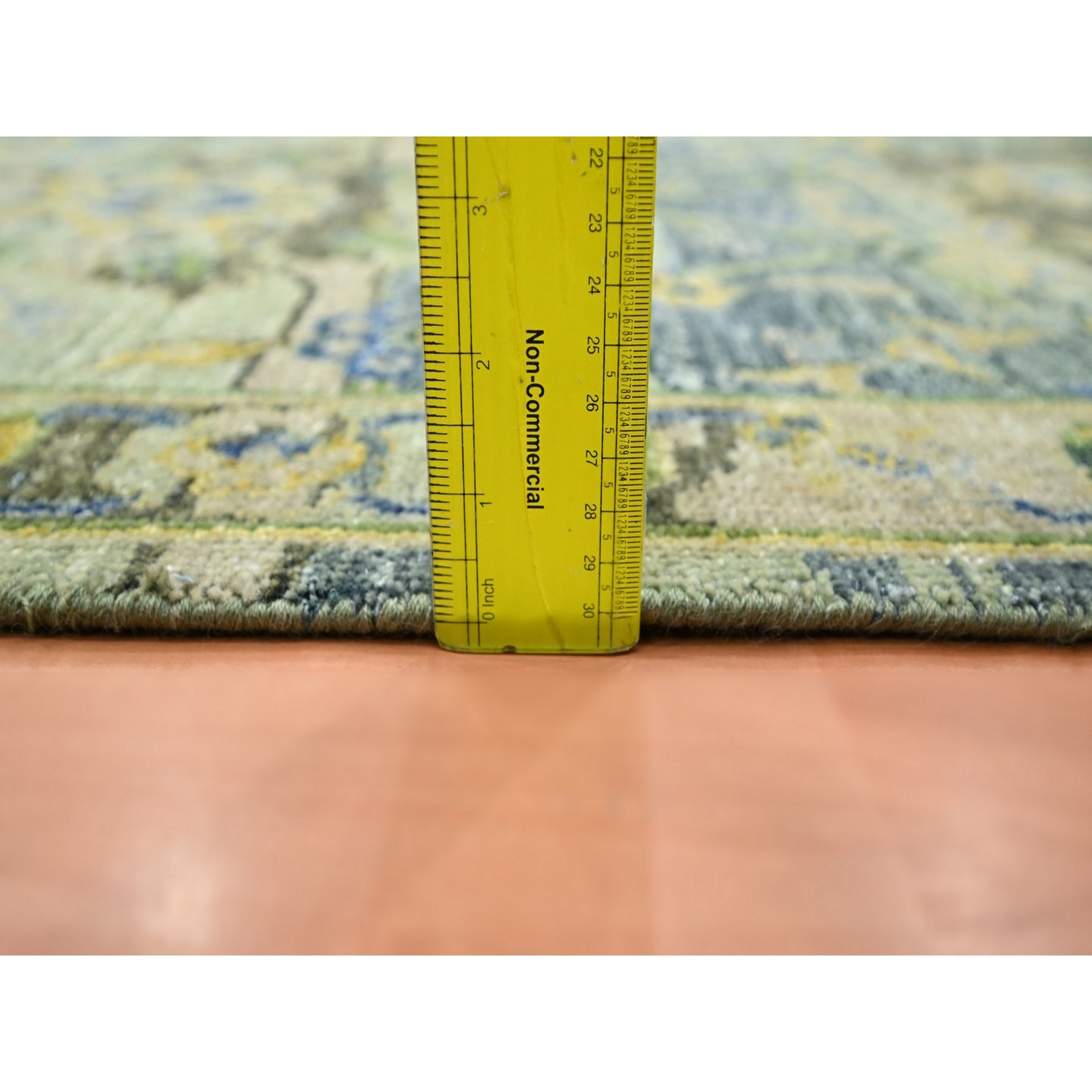 2'7"x10'5" Swamp Green, Broken and Erased Persian Inspired with Birds Design, Distinct Abrash, Shaved Low, Hand Knotted, Pure Wool, Runner, Oriental Rug Sh75688
