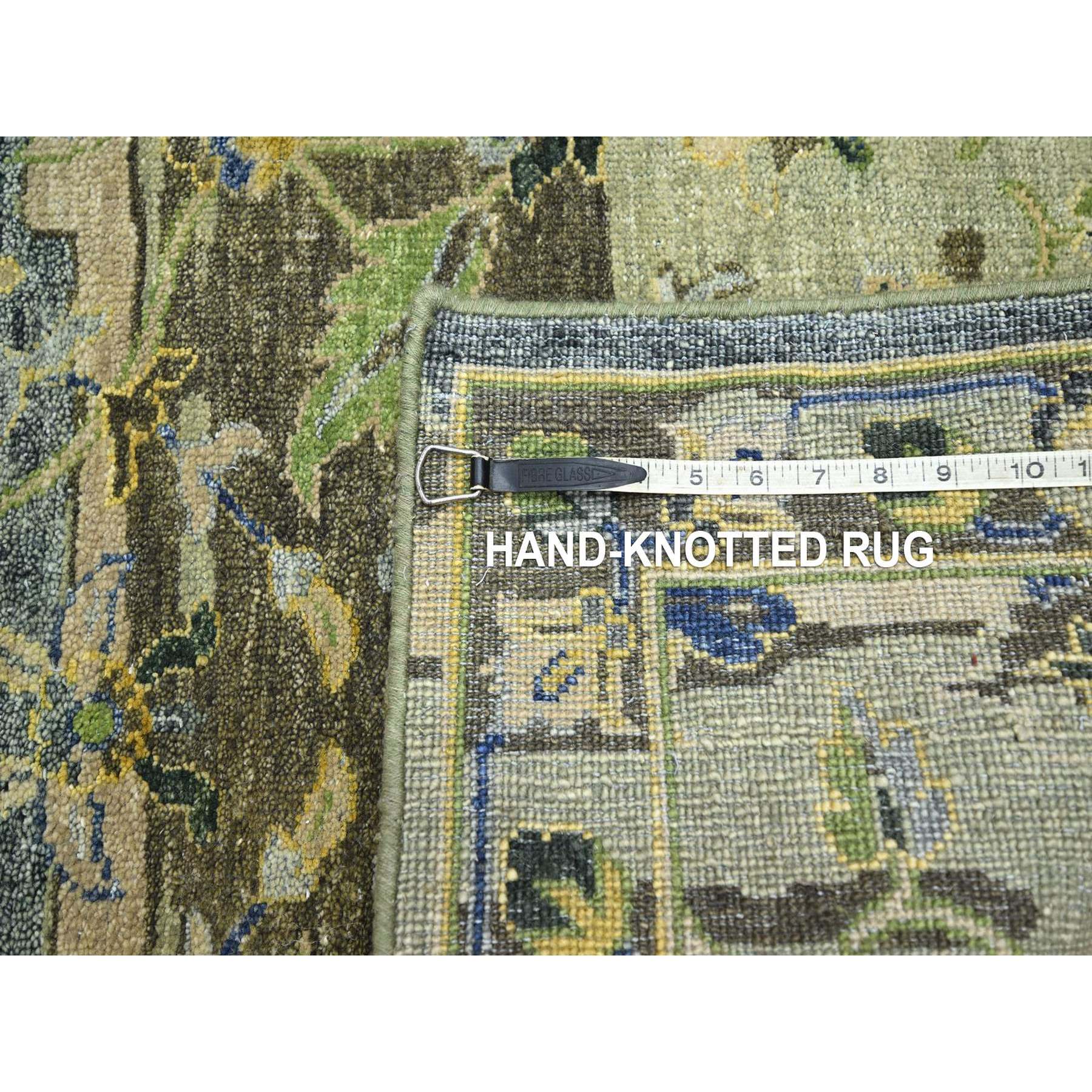 2'7"x10'5" Swamp Green, Broken and Erased Persian Inspired with Birds Design, Distinct Abrash, Shaved Low, Hand Knotted, Pure Wool, Runner, Oriental Rug Sh75688
