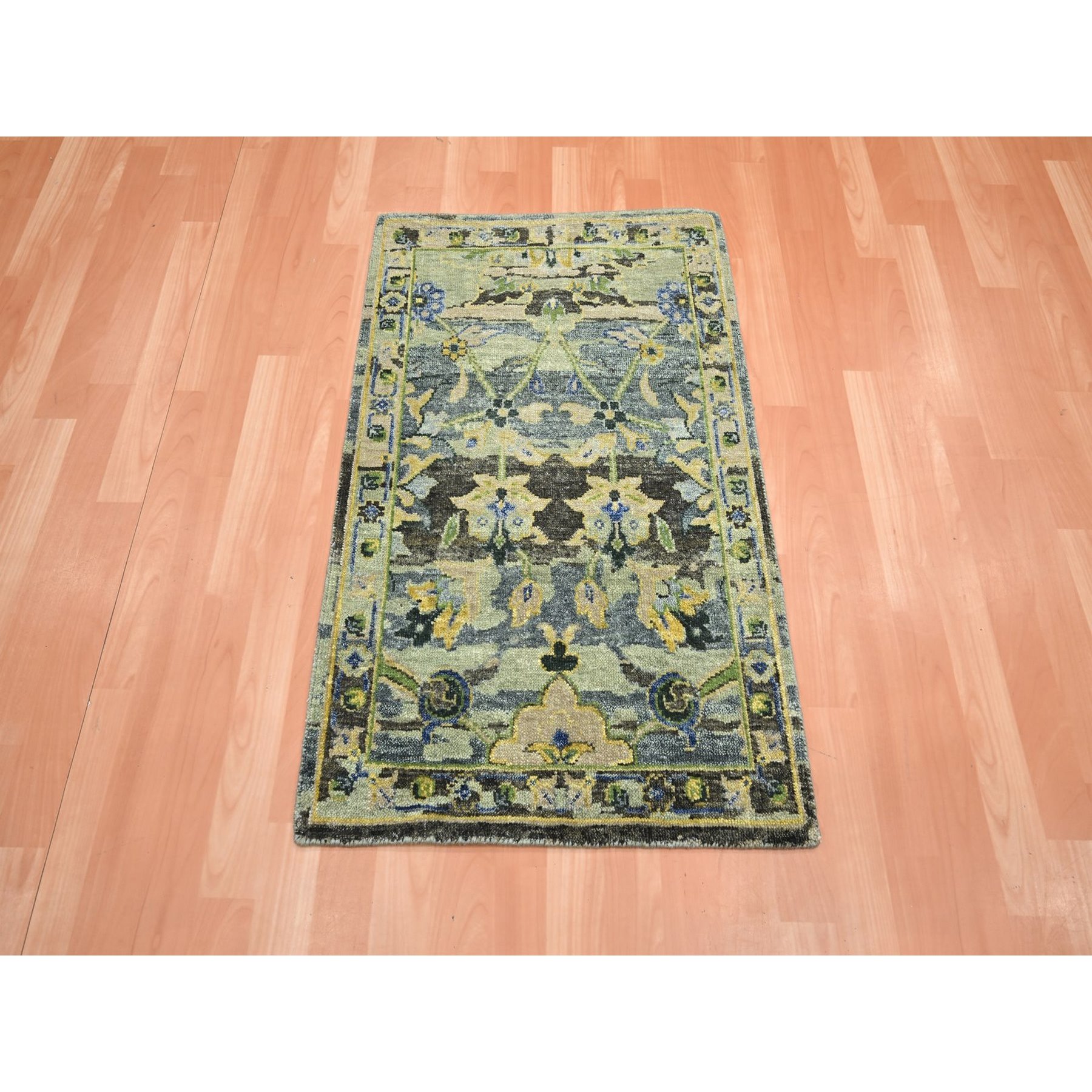 2'1"x3'6" Olive Green, Broken and Erased Persian Inspired with Birds Design, Shaved Low, Distinct Abrash, Hand Knotted, Pure Wool, Sample, Mat, Oriental Rug Sh75689