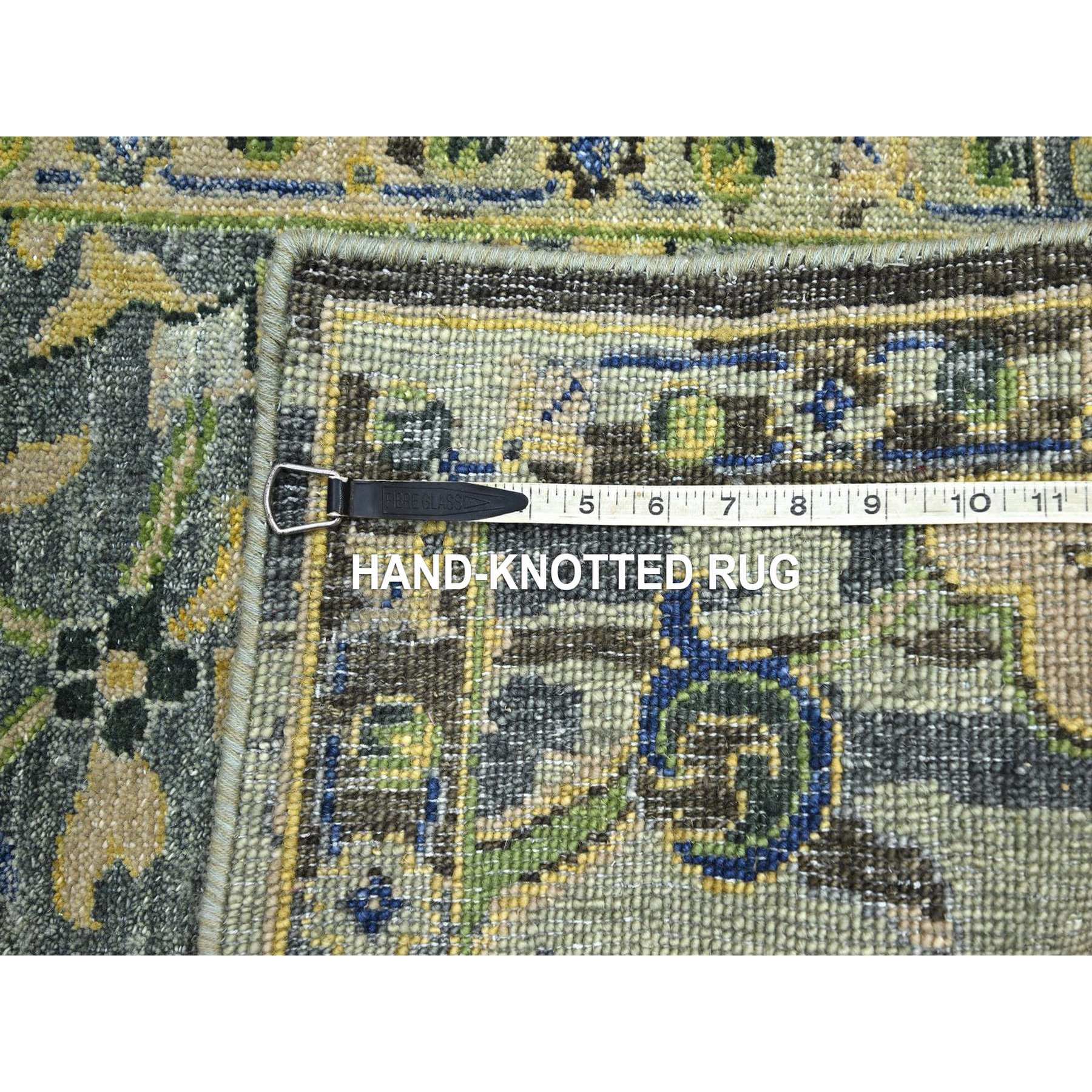2'1"x3'6" Olive Green, Broken and Erased Persian Inspired with Birds Design, Shaved Low, Distinct Abrash, Hand Knotted, Pure Wool, Sample, Mat, Oriental Rug Sh75689