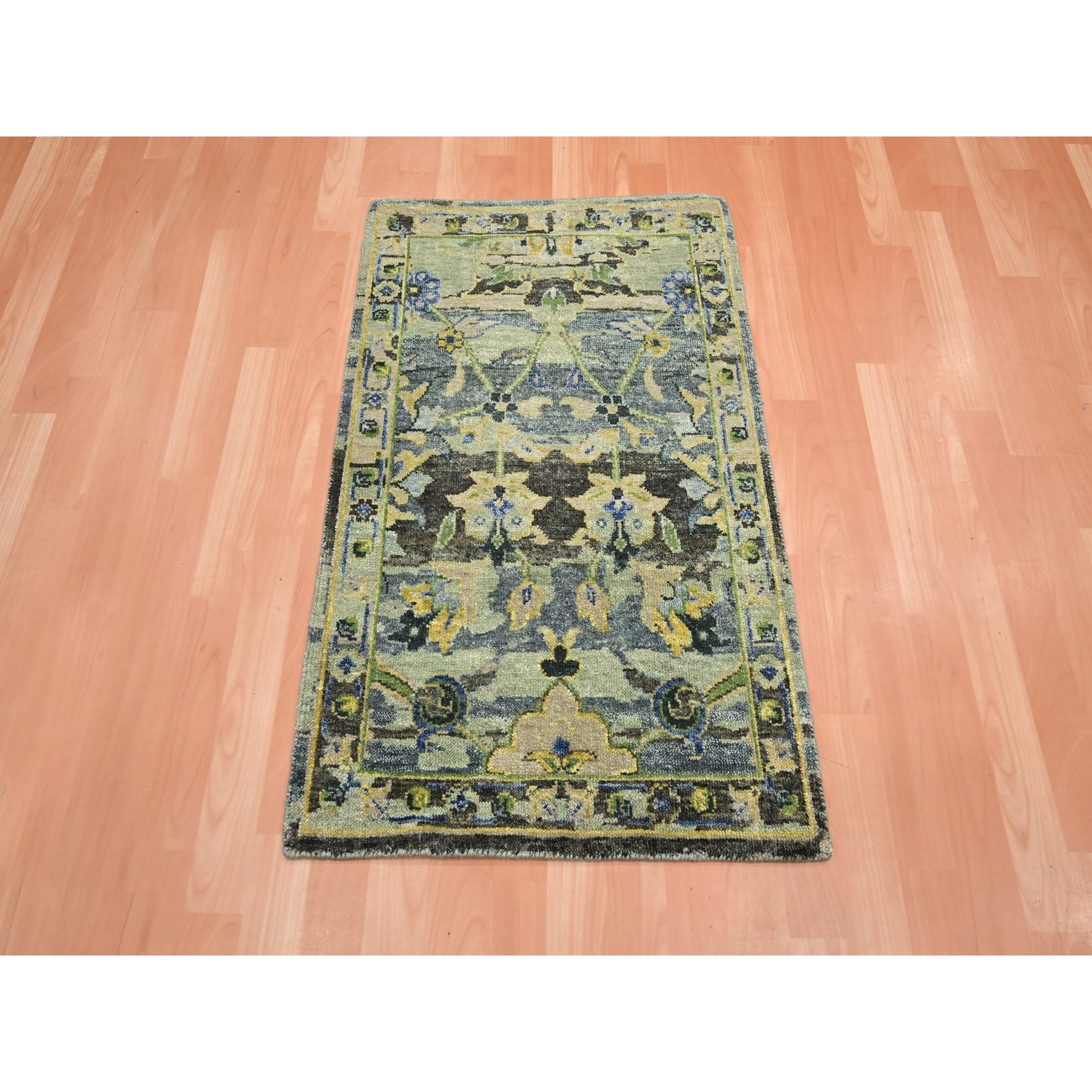 2'1"x3'5" Olive Green, Broken and Erased Persian Inspired with Birds Design, Hand Knotted, Distinct Abrash, Shaved Low, Pure Wool, Oriental Rug Sh75691