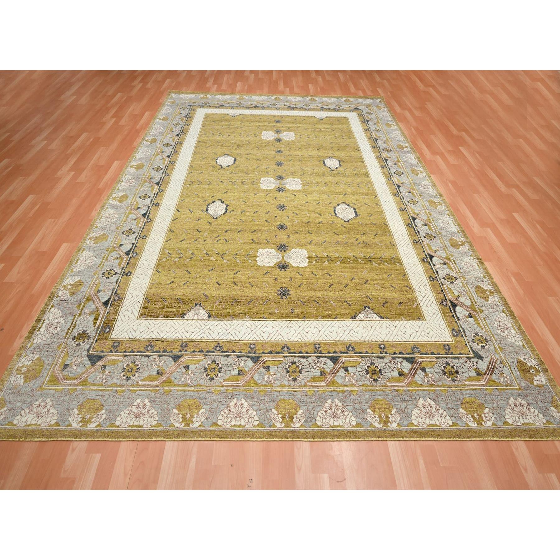 9'1"x12'1" Golden Yellow, Pinecone Design, 100% Wool, Hand Knotted, Shaved Low, Densely Woven, Oriental Rug Sh75692
