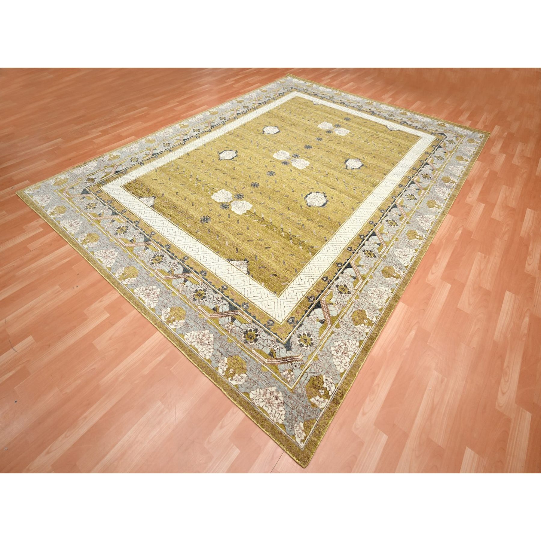 9'1"x12'1" Golden Yellow, Pinecone Design, 100% Wool, Hand Knotted, Shaved Low, Densely Woven, Oriental Rug Sh75692