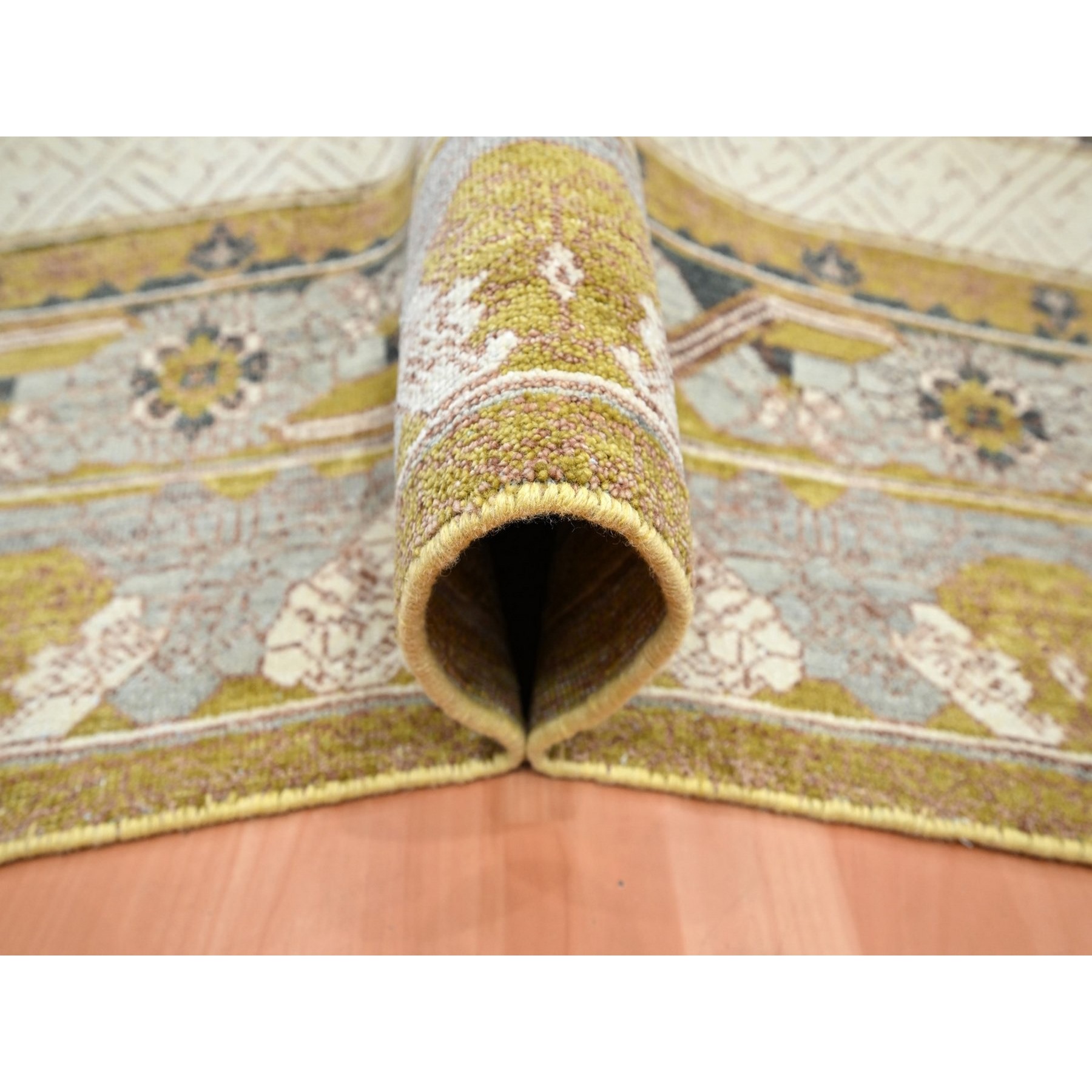 9'1"x12'1" Golden Yellow, Pinecone Design, 100% Wool, Hand Knotted, Shaved Low, Densely Woven, Oriental Rug Sh75692