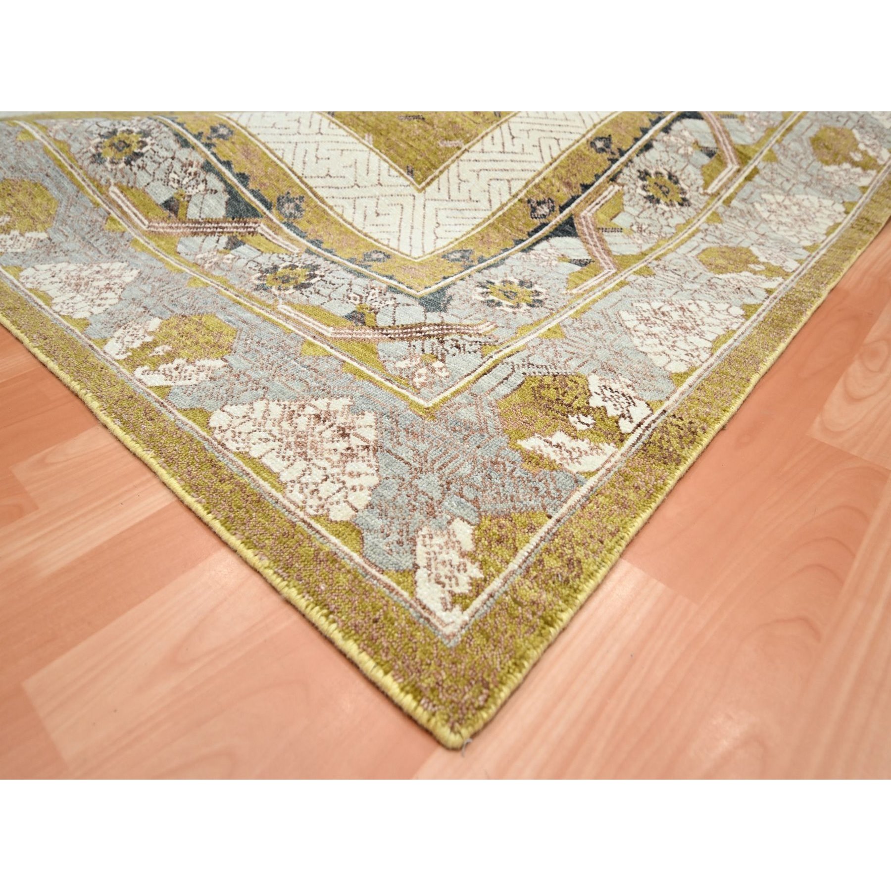 9'1"x12'1" Golden Yellow, Pinecone Design, 100% Wool, Hand Knotted, Shaved Low, Densely Woven, Oriental Rug Sh75692