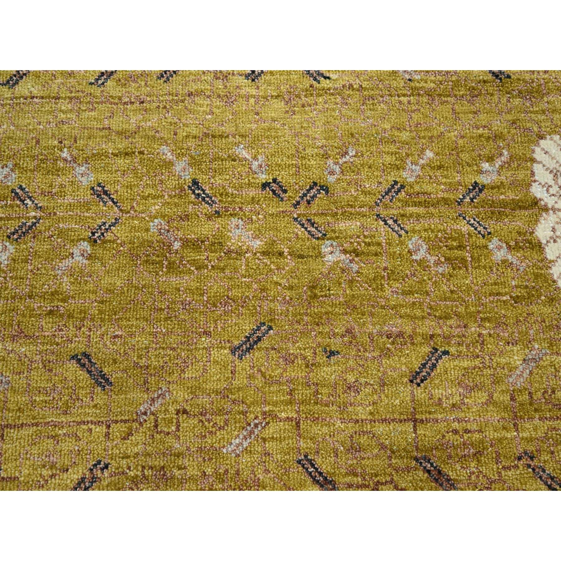 9'1"x12'1" Golden Yellow, Pinecone Design, 100% Wool, Hand Knotted, Shaved Low, Densely Woven, Oriental Rug Sh75692