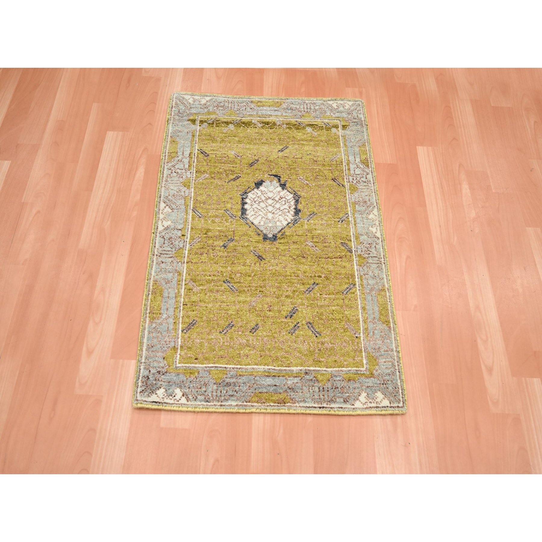 2'1"x3'1" Golden Yellow, Pinecone Design, Hand Knotted, Pure Wool, Shaved Low, Densely Woven, Mat, Sample, Oriental Rug Sh75693