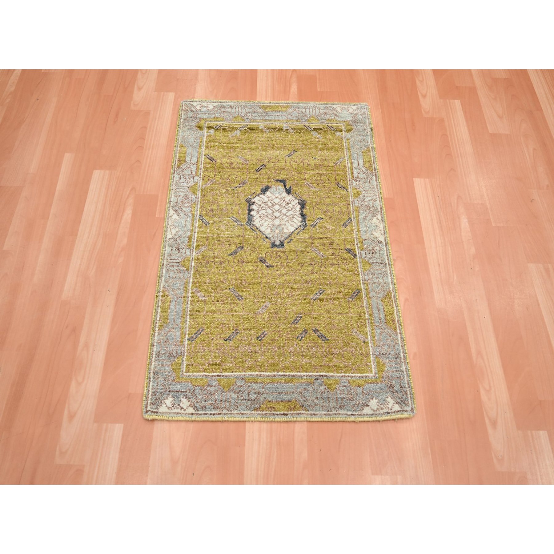 2'1"x3'2" Golden Yellow, Pinecone Design, 100% Wool, Hand Knotted, Densely Woven, Shaved Low, Sample, Mat, Oriental Rug Sh75694