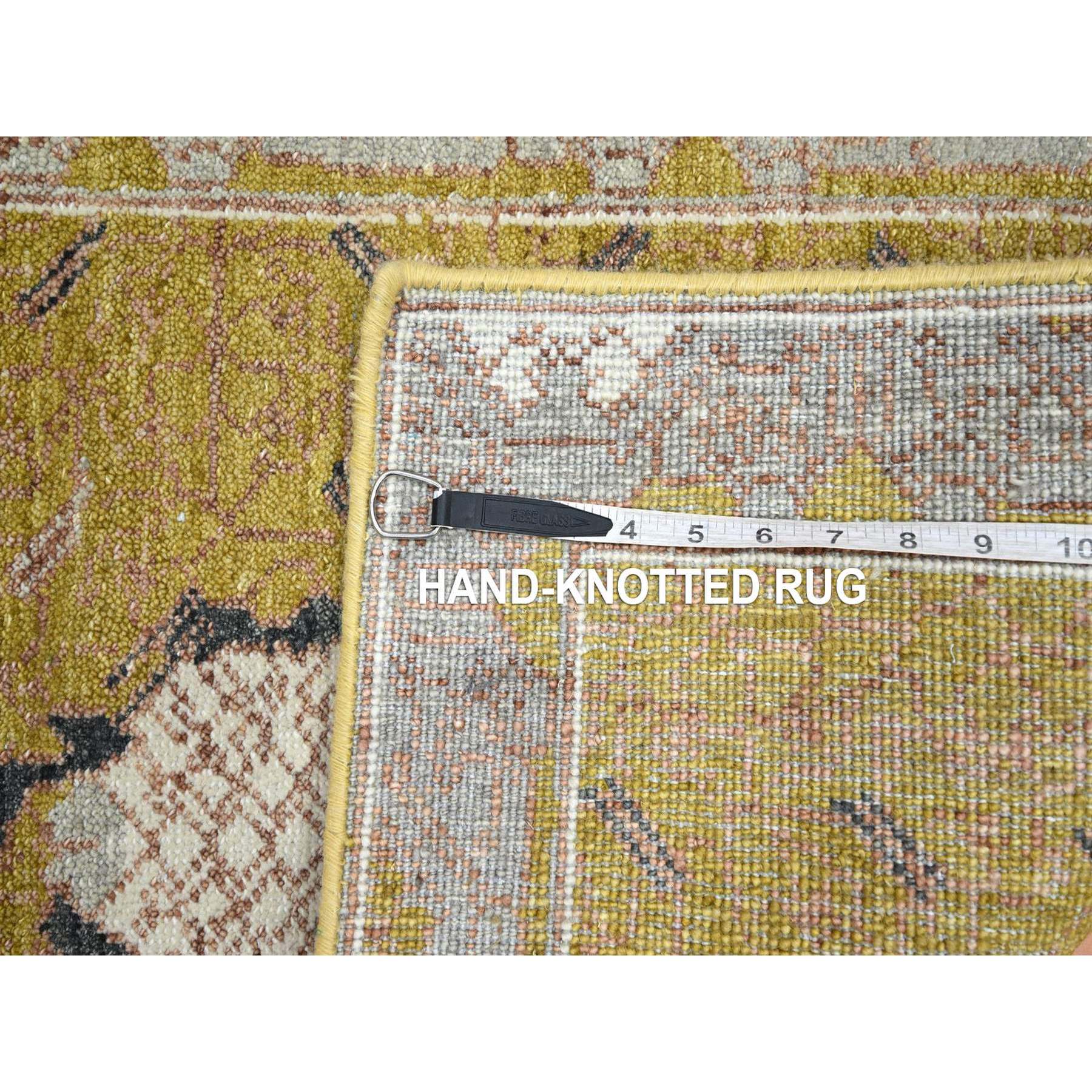 2'1"x3'2" Golden Yellow, Pinecone Design, 100% Wool, Hand Knotted, Densely Woven, Shaved Low, Sample, Mat, Oriental Rug Sh75694