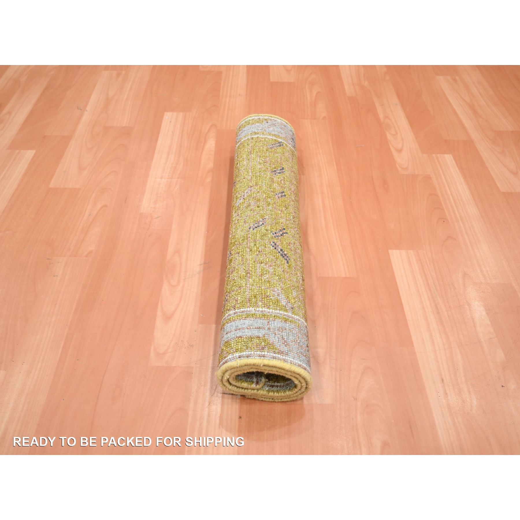2'1"x3'2" Golden Yellow, Pinecone Design, 100% Wool, Hand Knotted, Densely Woven, Shaved Low, Sample, Mat, Oriental Rug Sh75694