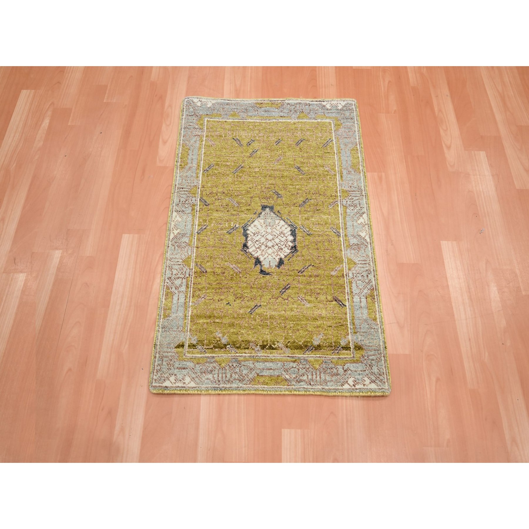 2'1"x3'1" Golden Yellow, Pinecone Design, Hand Knotted, Pure Wool, Shaved Low, Densely Woven, Mat, Sample, Oriental Rug Sh75695