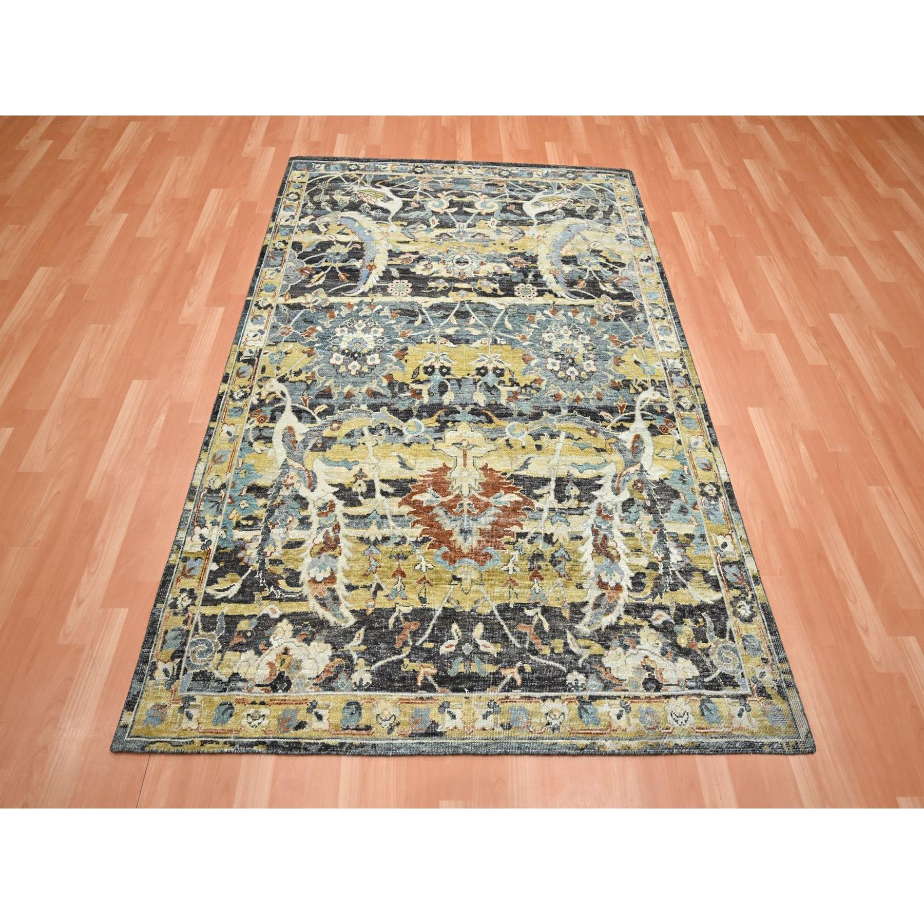 5'1"x7'4" Charcoal Black with Yellow, Abrash Persian Design, 100% Wool, Zero Pile, Shaved Low, Hand Knotted, Oriental Rug Sh75696