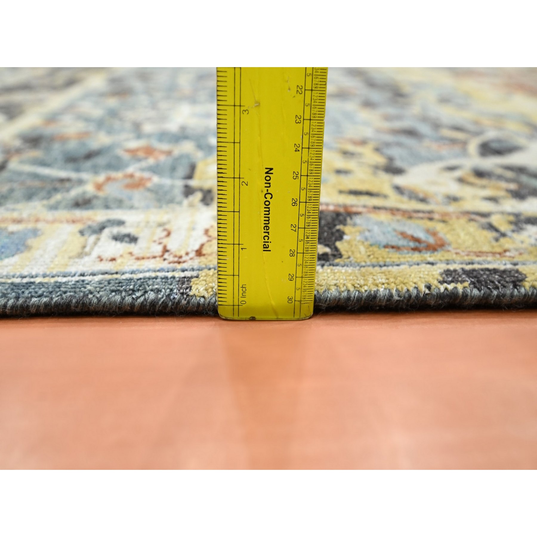 5'1"x7'4" Charcoal Black with Yellow, Abrash Persian Design, 100% Wool, Zero Pile, Shaved Low, Hand Knotted, Oriental Rug Sh75696