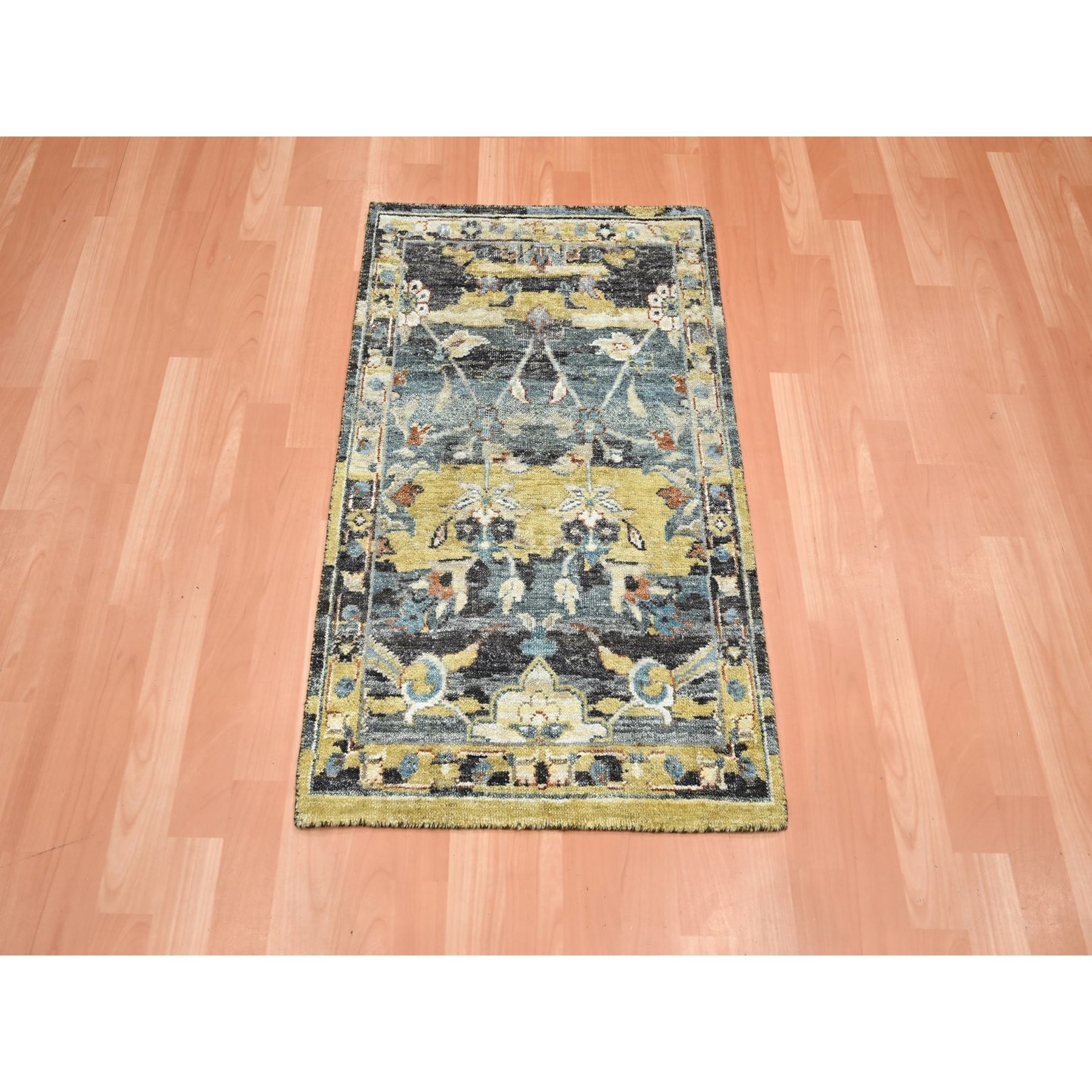 2'x3'3" Stone Blue with Yellow, Abrash Persian Design, 100% Wool, Shaved Low, Zero Pile, Hand Knotted, Mat, Sample, Oriental Rug Sh75697