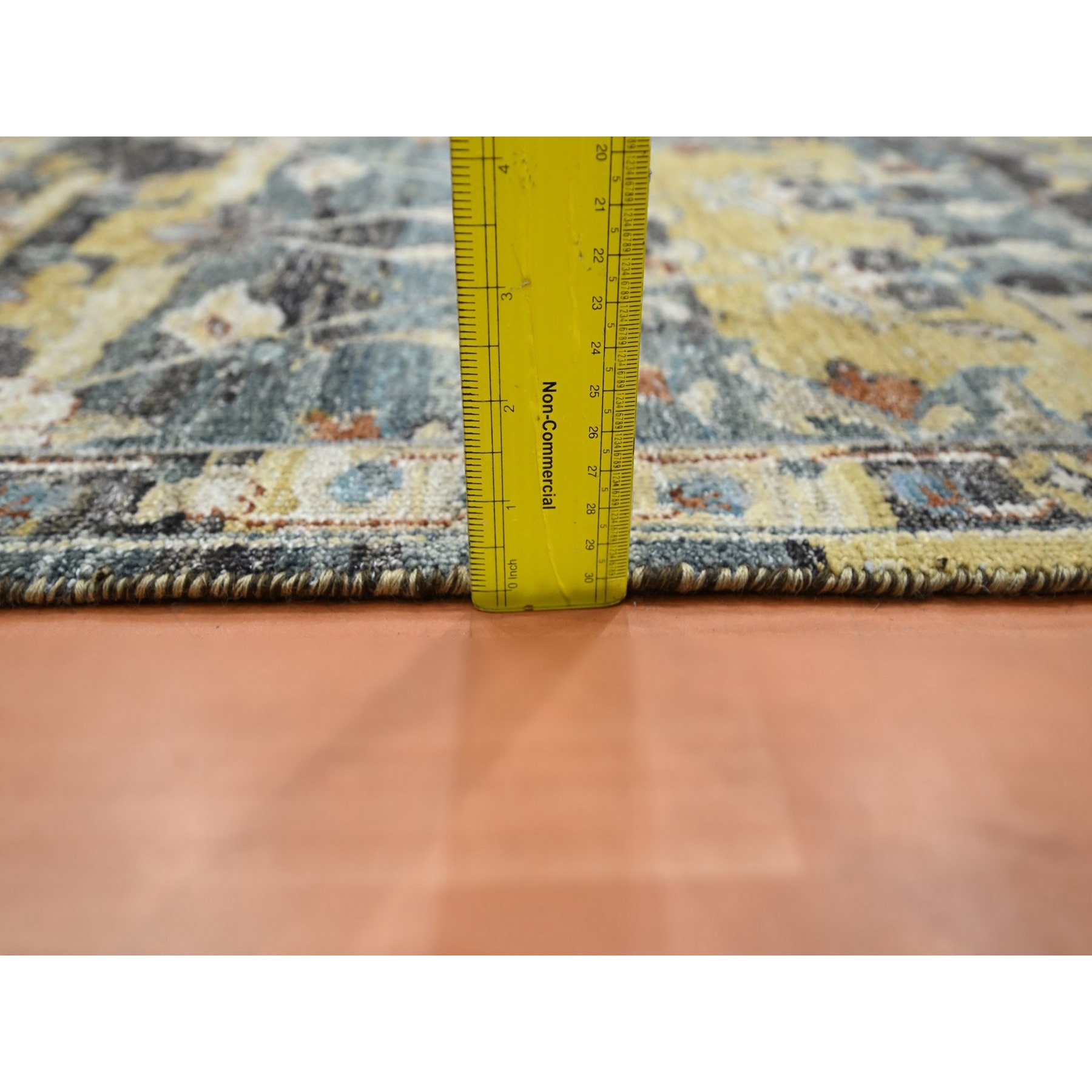 2'x3'3" Stone Blue with Yellow, Abrash Persian Design, 100% Wool, Shaved Low, Zero Pile, Hand Knotted, Mat, Sample, Oriental Rug Sh75697