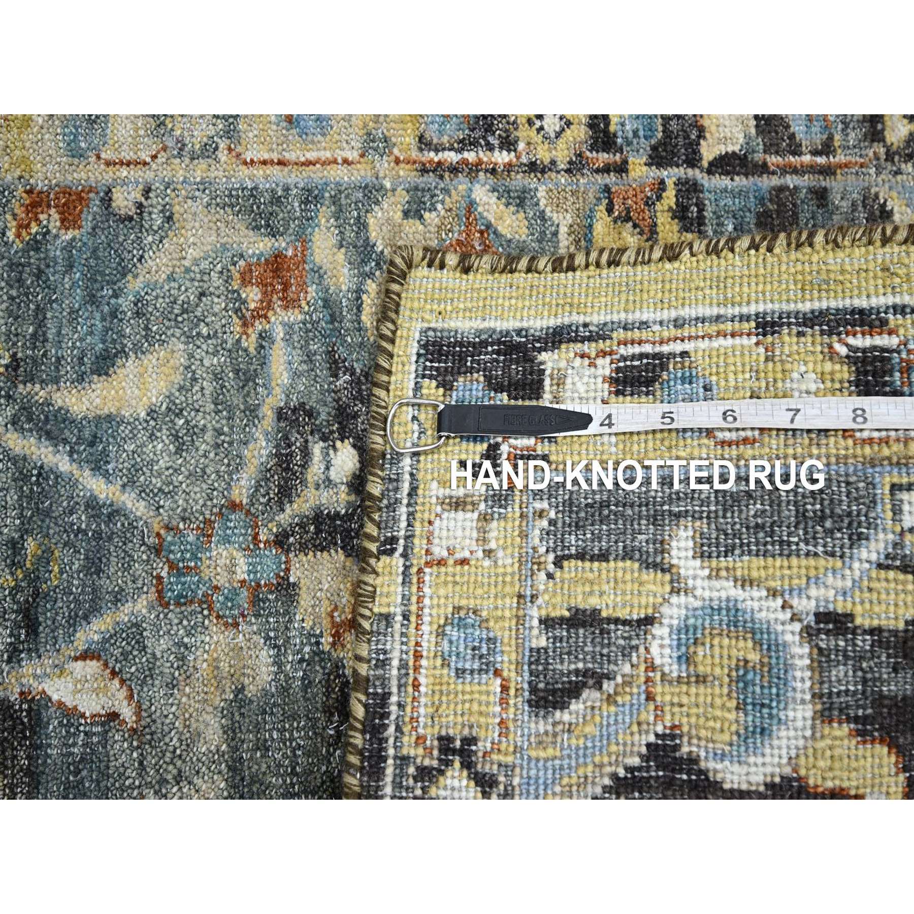 2'x3'3" Stone Blue with Yellow, Abrash Persian Design, 100% Wool, Shaved Low, Zero Pile, Hand Knotted, Mat, Sample, Oriental Rug Sh75697
