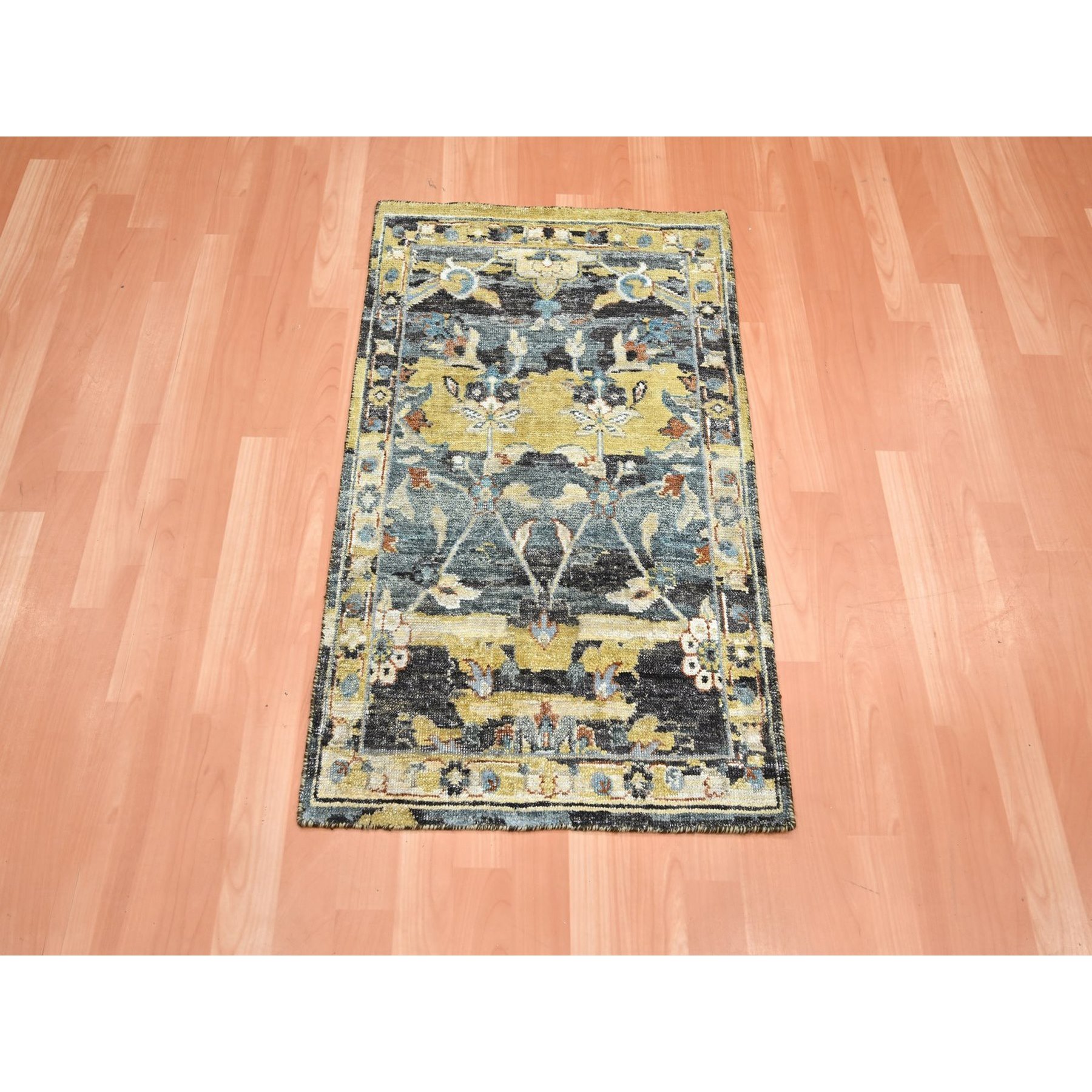 2'x3'3" Stone Blue with Yellow, Abrash Persian Design, Hand Knotted, 100% Wool, Shaved Low, Zero Pile, Mat, Sample, Oriental Rug Sh75698