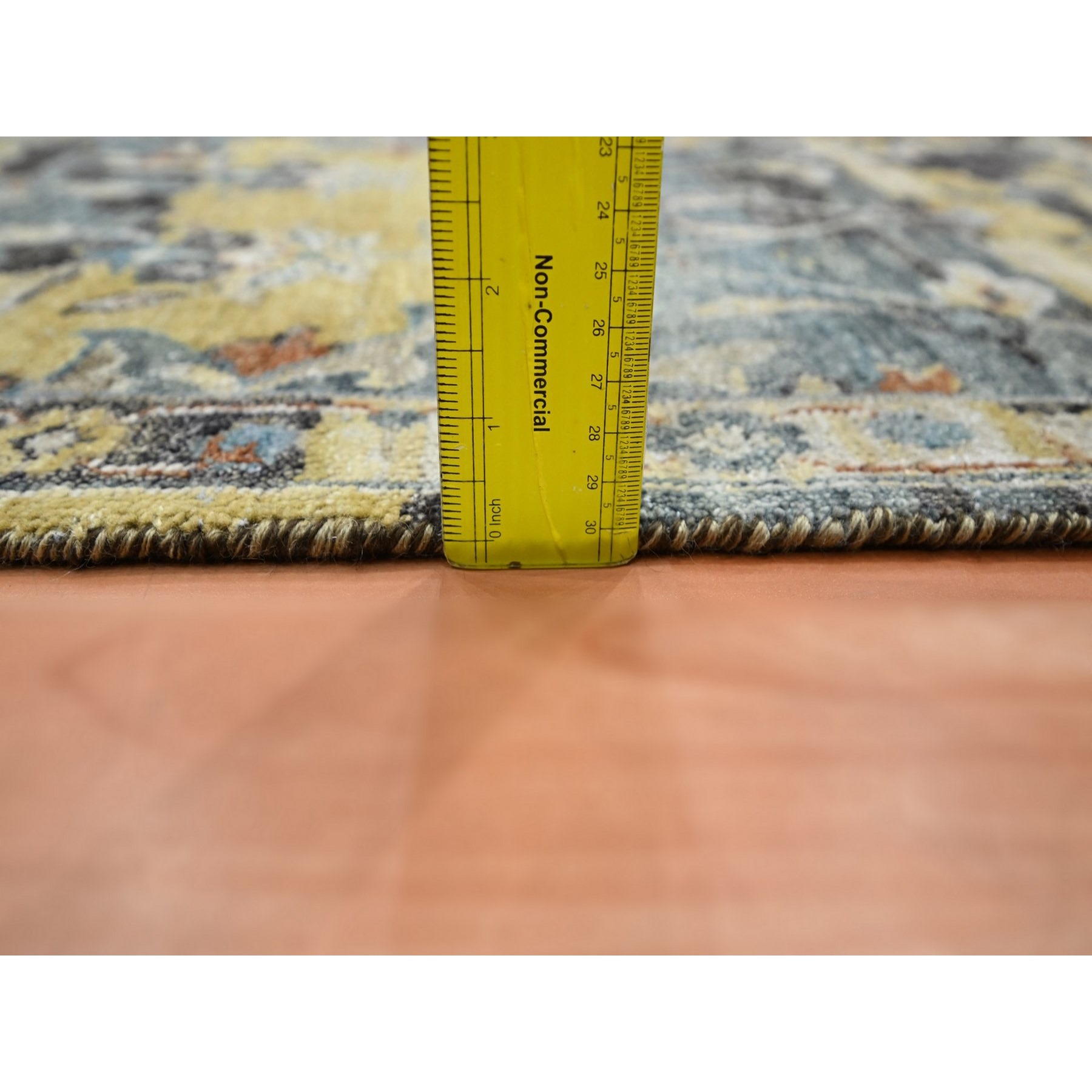 2'x3'3" Stone Blue with Yellow, Abrash Persian Design, Hand Knotted, 100% Wool, Shaved Low, Zero Pile, Mat, Sample, Oriental Rug Sh75698