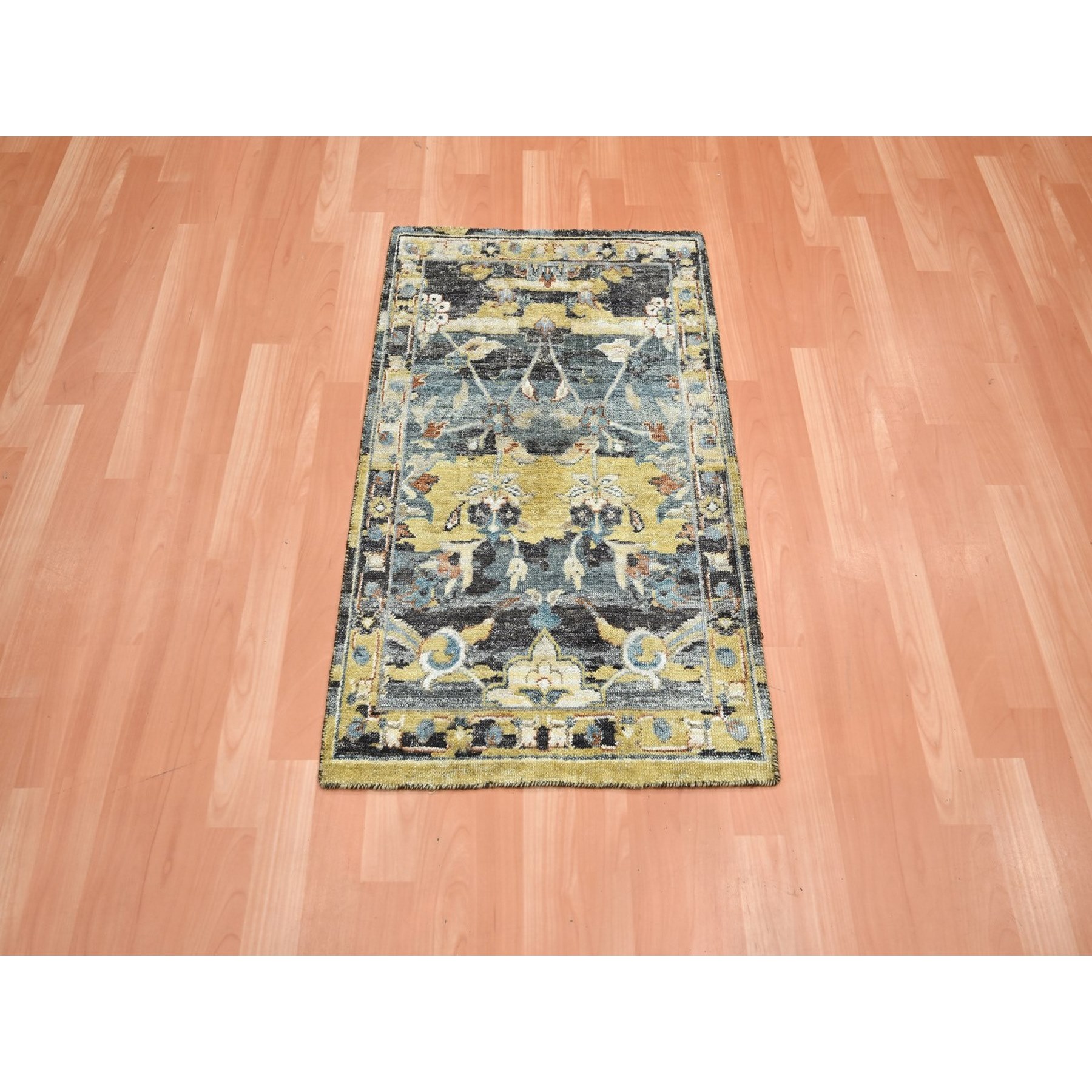 2'x3'3" Stone Blue with Yellow, Abrash Persian Design, 100% Wool, Hand Knotted, Shaved Low, Zero Pile, Mat, Sample, Oriental Rug Sh75699