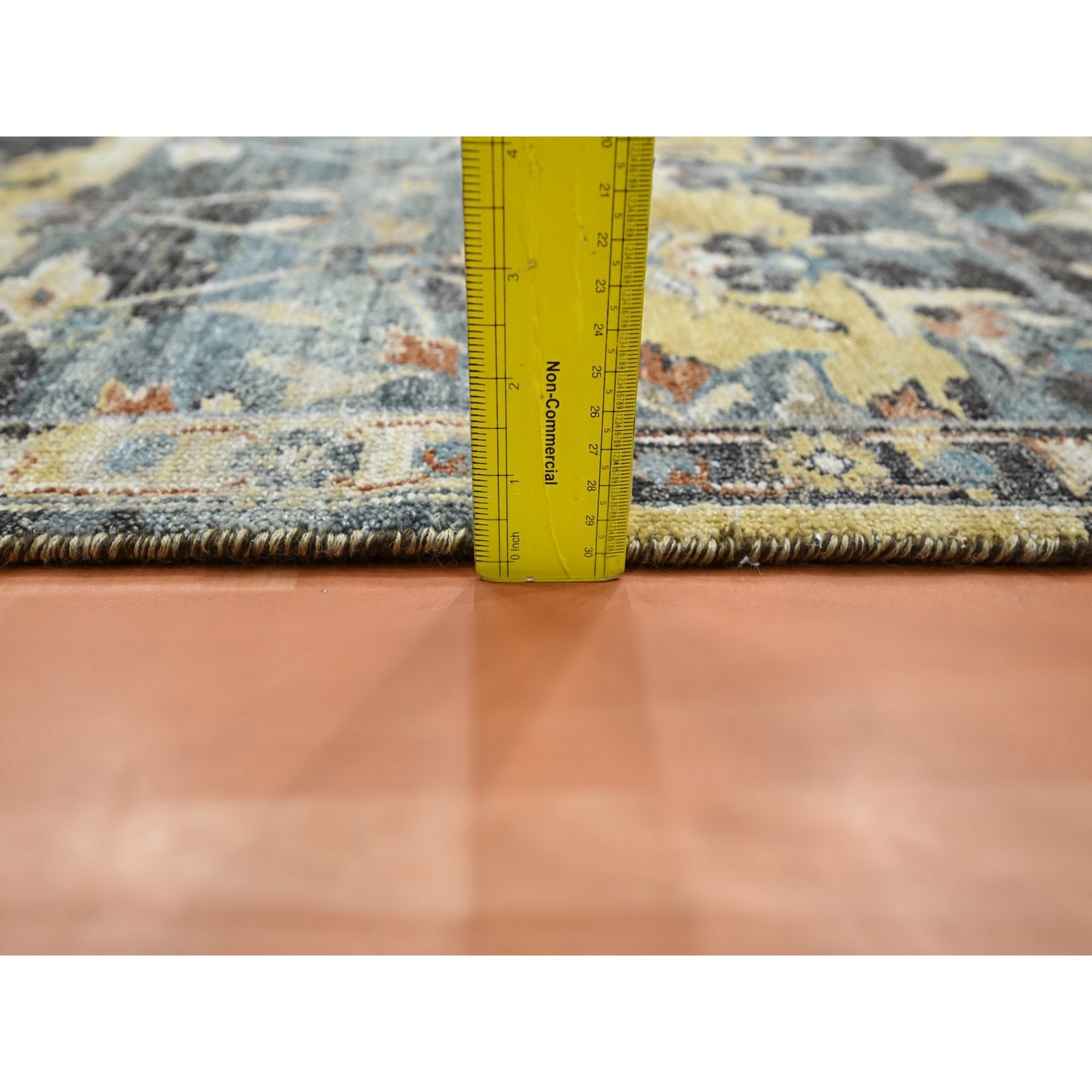 2'x3'3" Stone Blue with Yellow, Abrash Persian Design, 100% Wool, Hand Knotted, Shaved Low, Zero Pile, Mat, Sample, Oriental Rug Sh75699