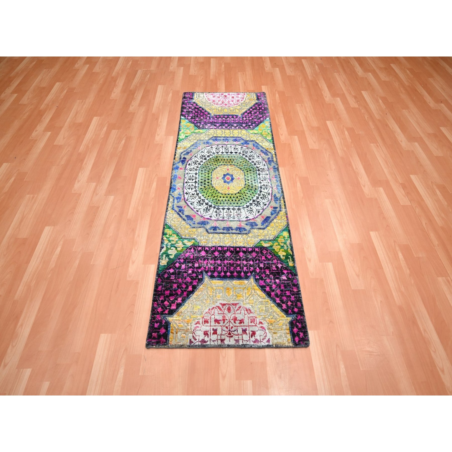 2'6"x6'5" Macaroon Yellow, Colorful Mamluk Design, Sari Silk with Textured Wool, Hand Knotted, Runner, Oriental Rug Sh75701