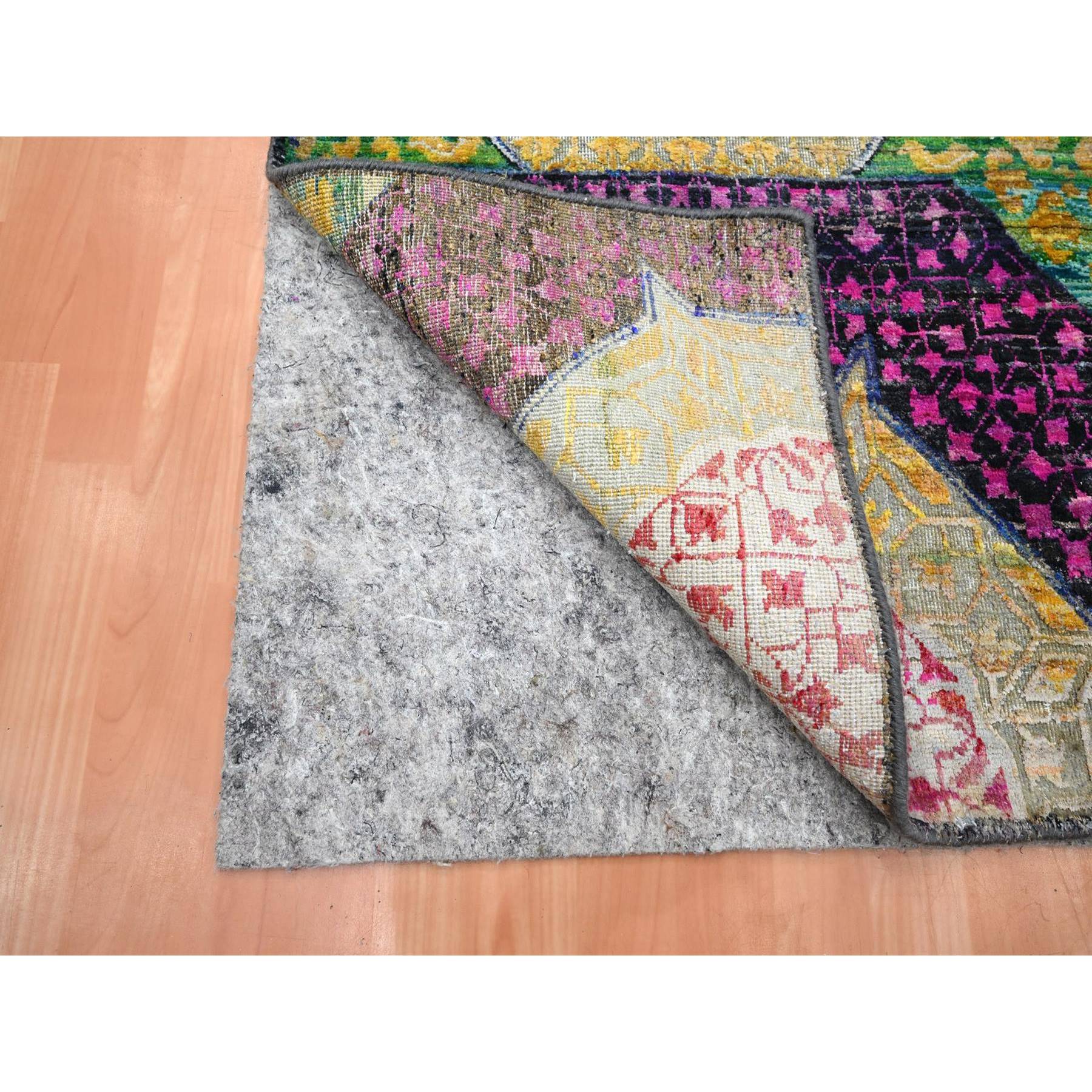 2'6"x6'5" Macaroon Yellow, Colorful Mamluk Design, Sari Silk with Textured Wool, Hand Knotted, Runner, Oriental Rug Sh75701