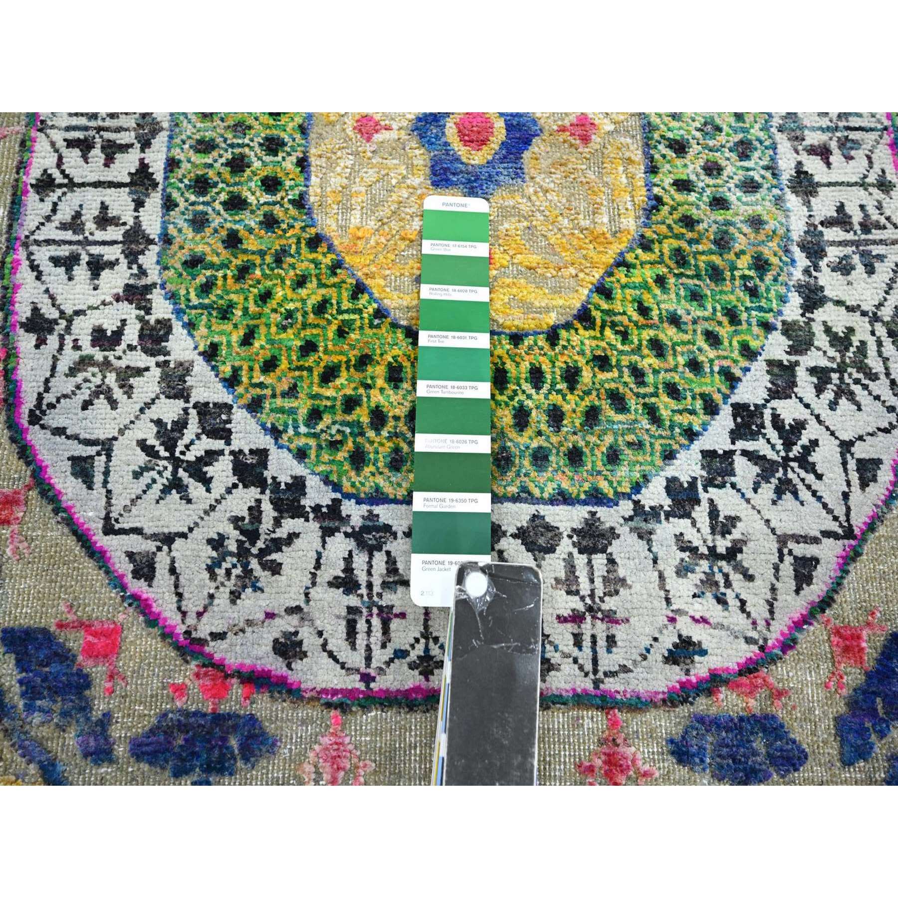2'6"x6'5" Macaroon Yellow, Colorful Mamluk Design, Sari Silk with Textured Wool, Hand Knotted, Runner, Oriental Rug Sh75701