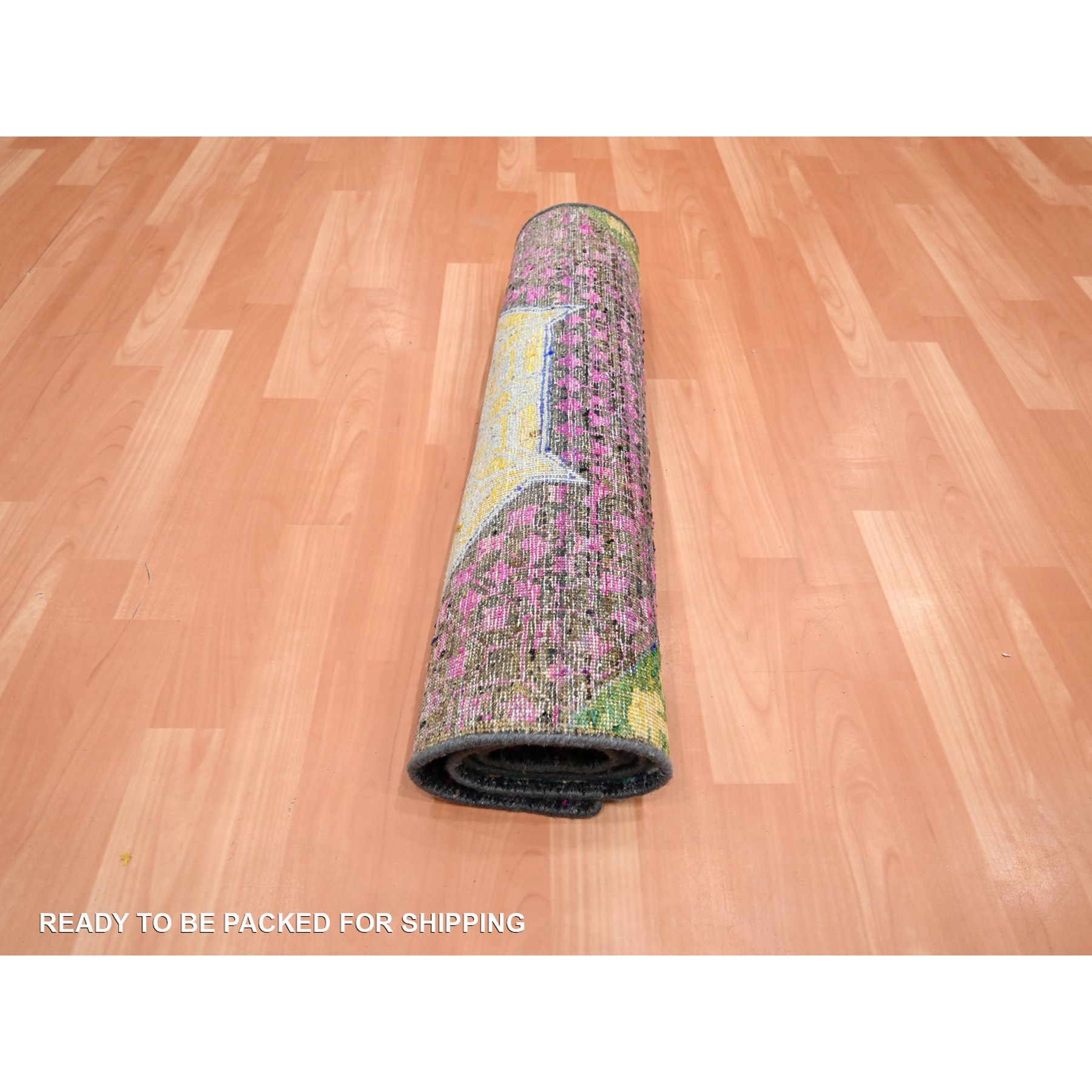 2'6"x6'5" Macaroon Yellow, Colorful Mamluk Design, Sari Silk with Textured Wool, Hand Knotted, Runner, Oriental Rug Sh75701