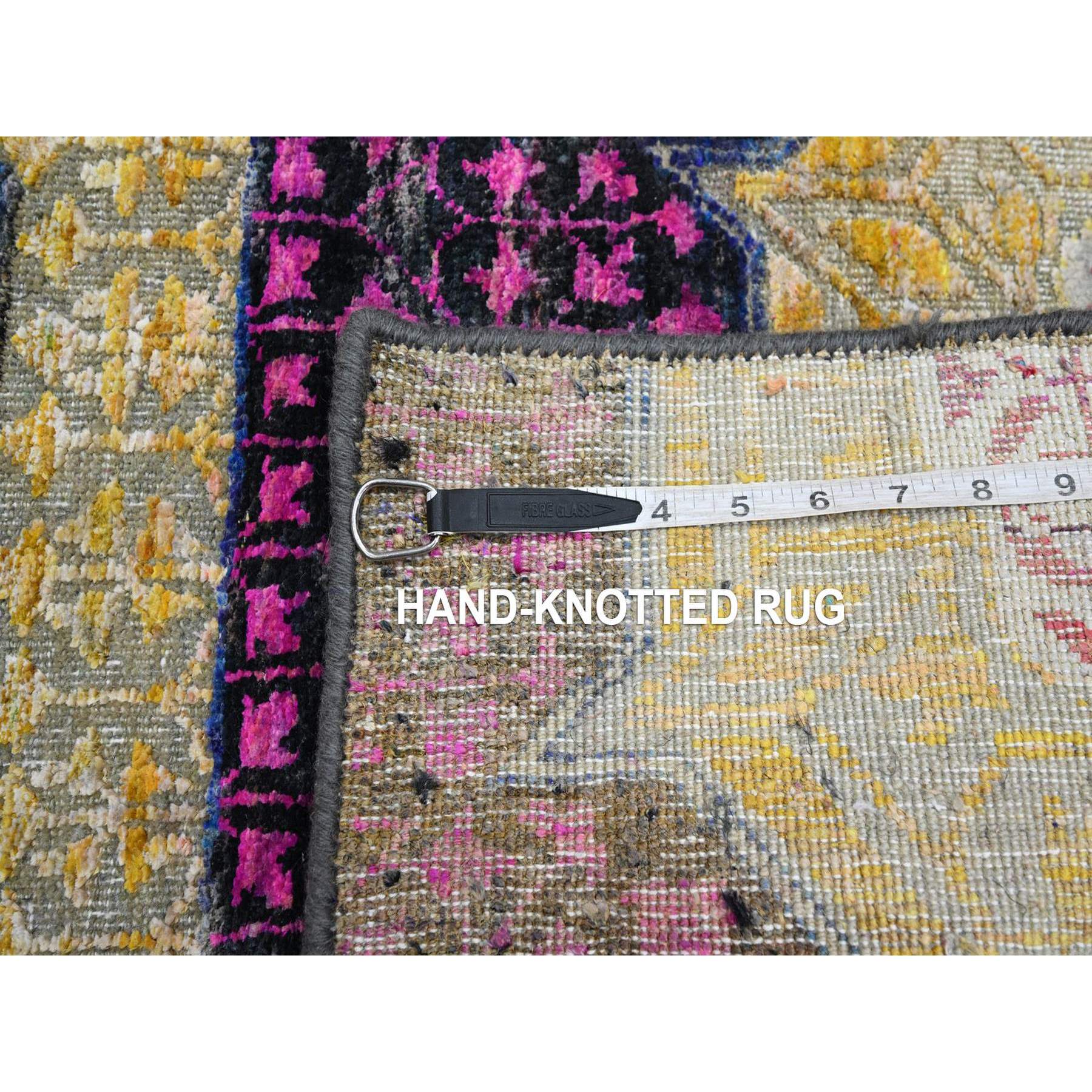 2'6"x6'5" Macaroon Yellow, Colorful Mamluk Design, Sari Silk with Textured Wool, Hand Knotted, Runner, Oriental Rug Sh75701