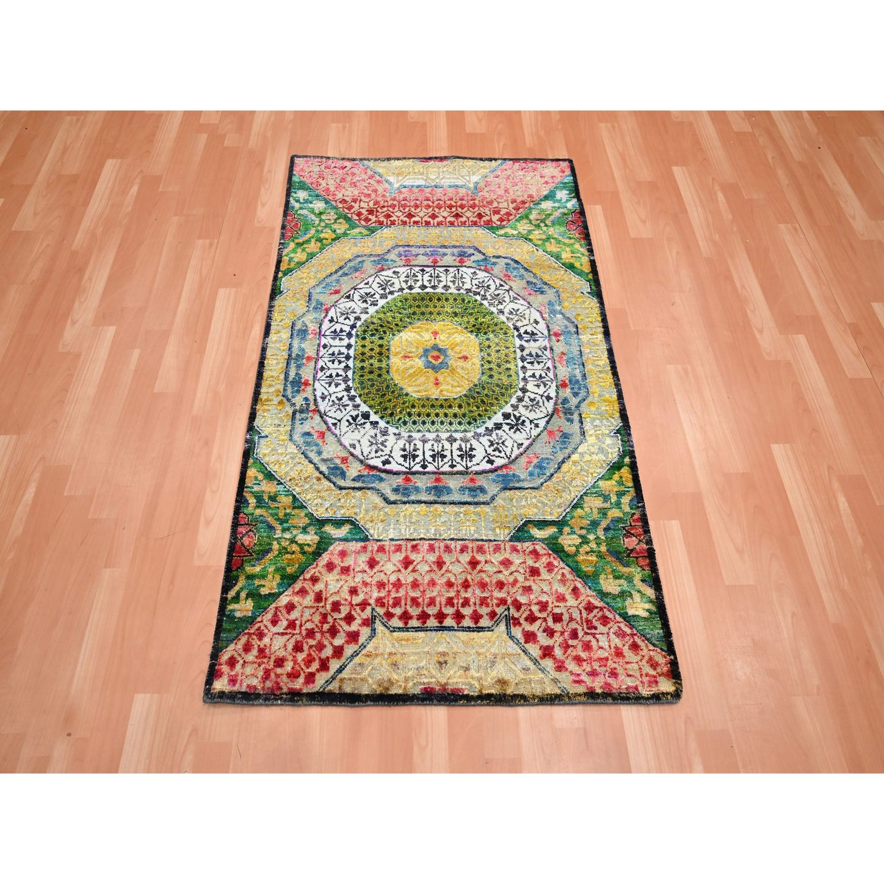 3'2"x5'2" Parmesan Yellow, Colorful Mamluk Design, Hand Knotted, Sari Silk with Textured Wool, Oriental Rug Sh75702