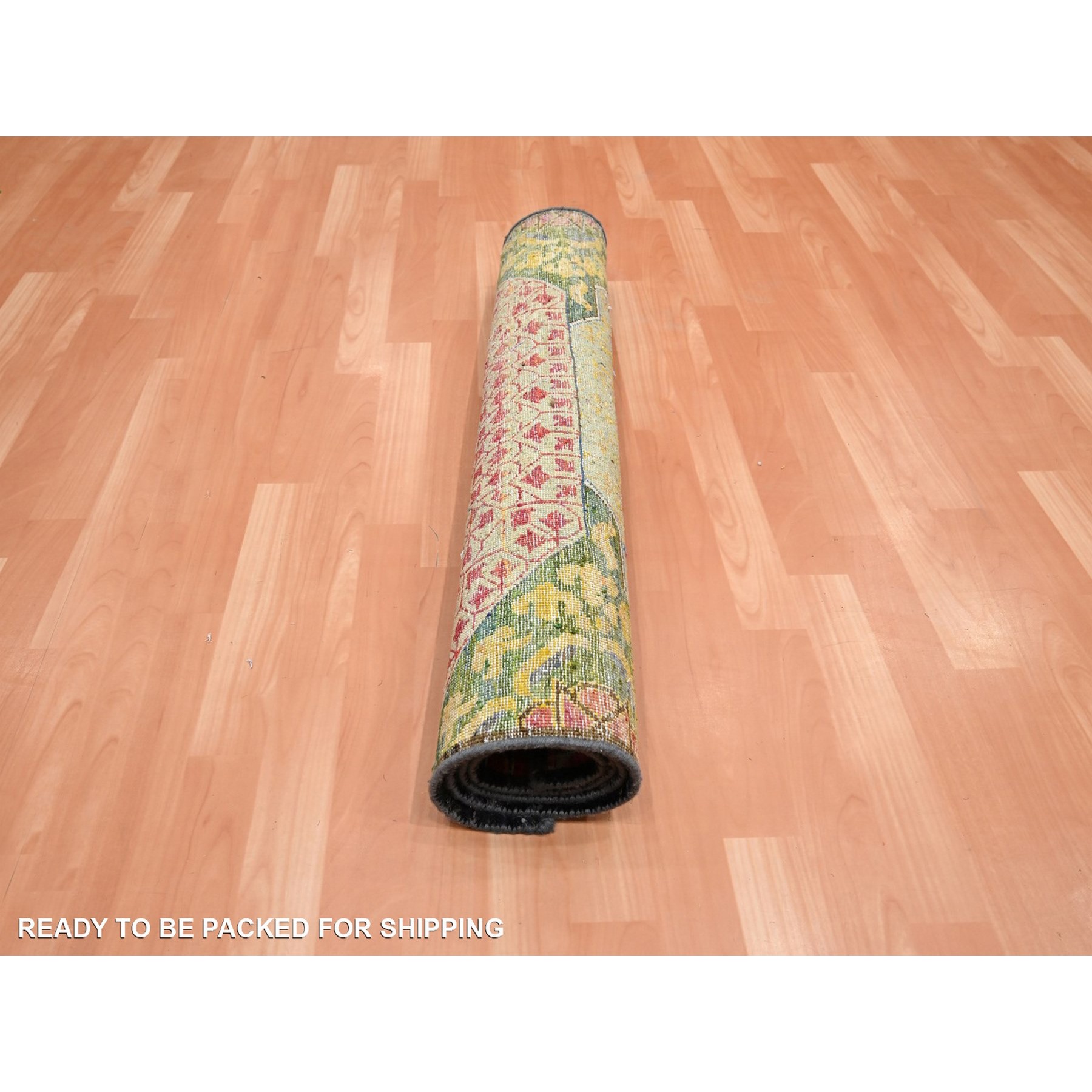 3'2"x5'2" Parmesan Yellow, Colorful Mamluk Design, Hand Knotted, Sari Silk with Textured Wool, Oriental Rug Sh75702