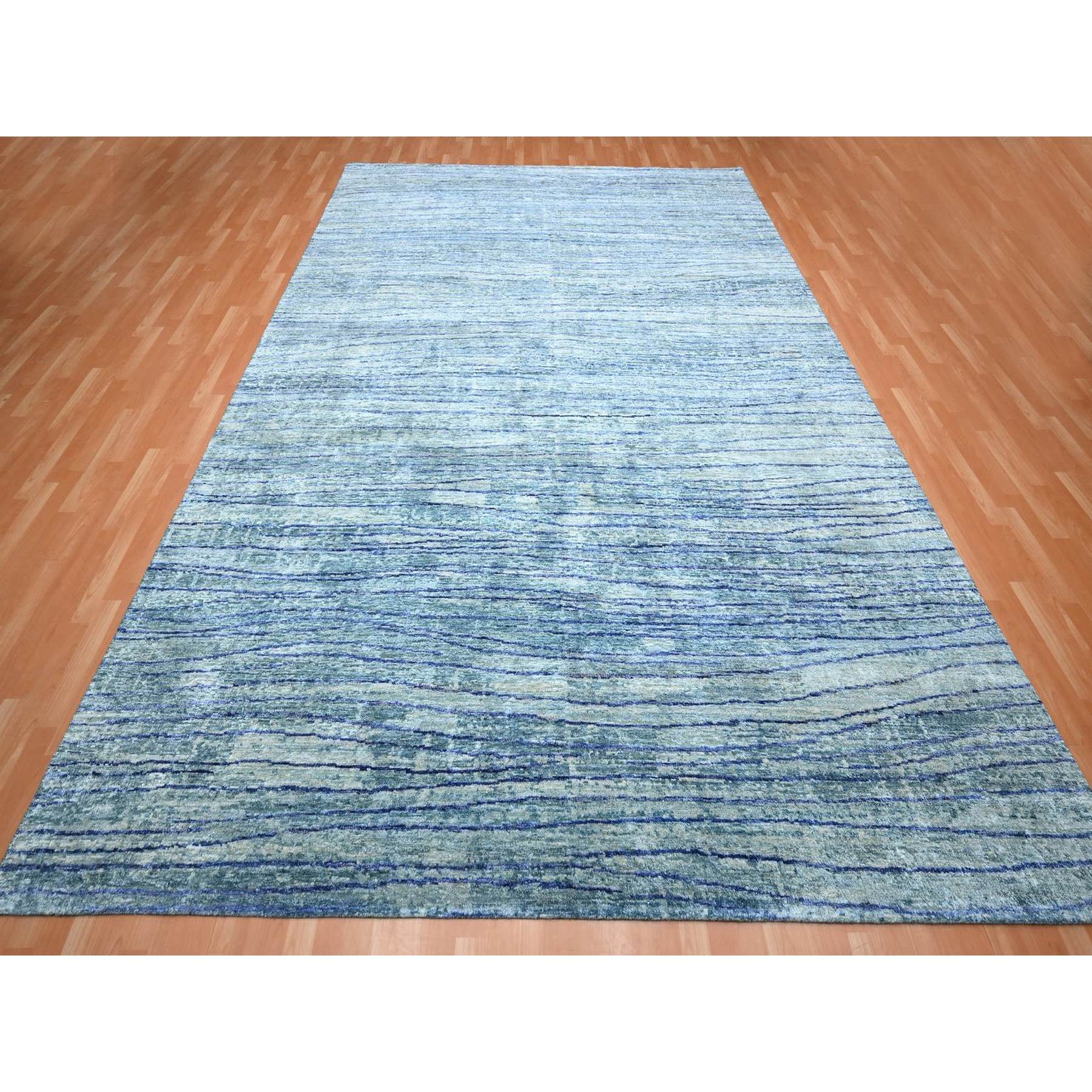 10'x14'2" Aqua Blue with a Mix of Teal, Wave Design, 100% Silk, Hand Knotted, Soft Pile, Oriental Rug Sh75703