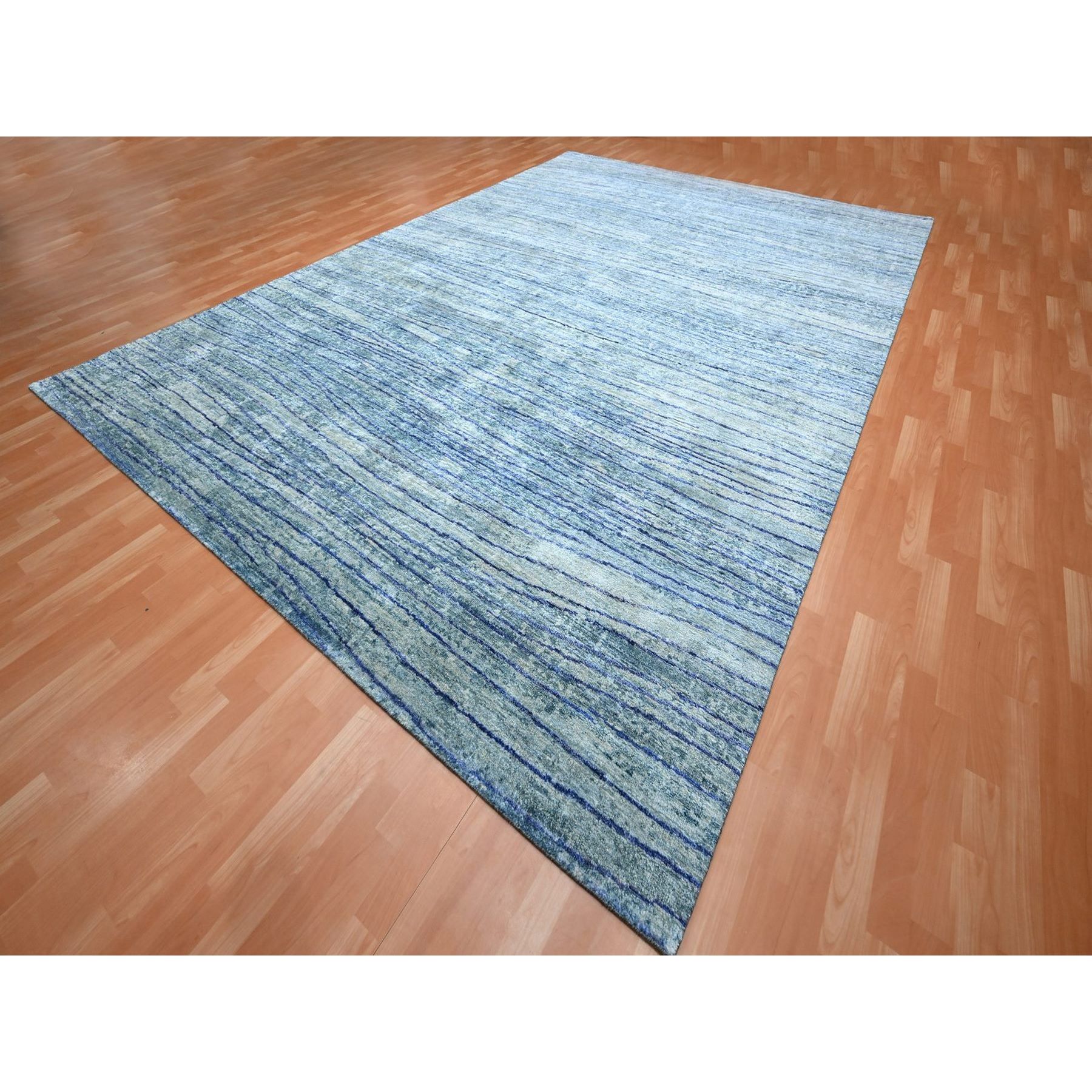 10'x14'2" Aqua Blue with a Mix of Teal, Wave Design, 100% Silk, Hand Knotted, Soft Pile, Oriental Rug Sh75703