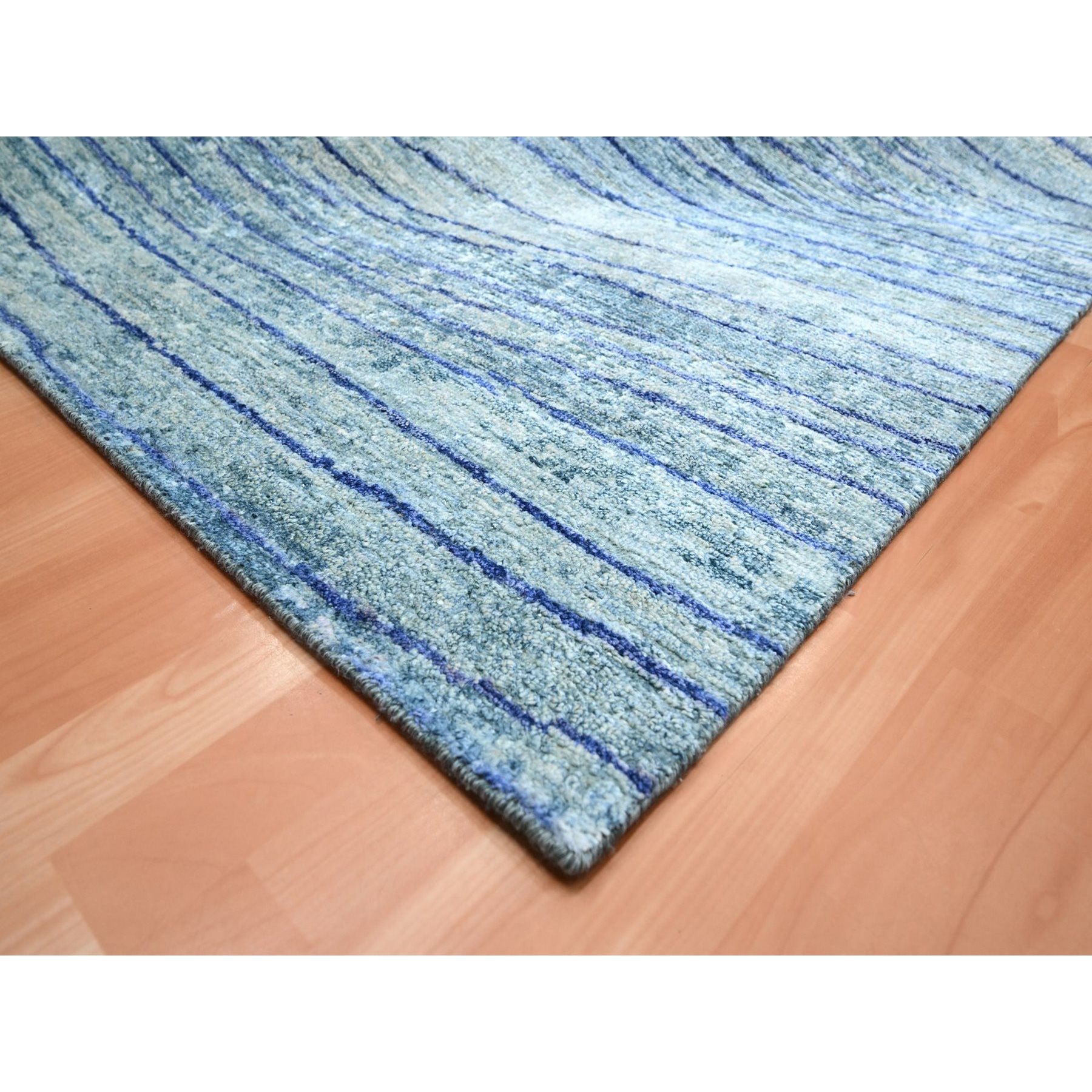 10'x14'2" Aqua Blue with a Mix of Teal, Wave Design, 100% Silk, Hand Knotted, Soft Pile, Oriental Rug Sh75703