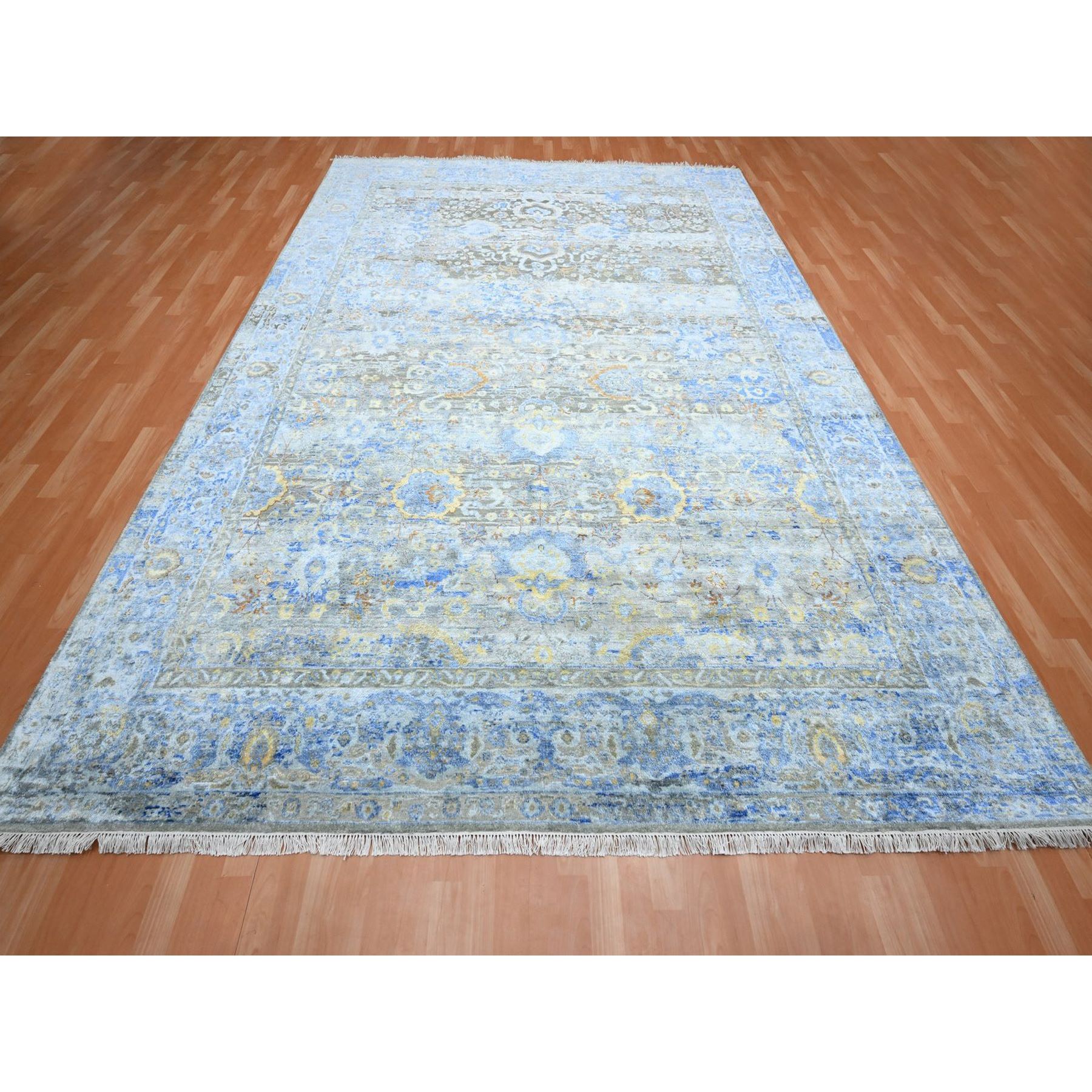 9'1"x12' Taupe Brown, Colorful Oushak with All Over Design, Oxidized Wool and Pure Silk, Hand Knotted, Oriental Rug Sh75707