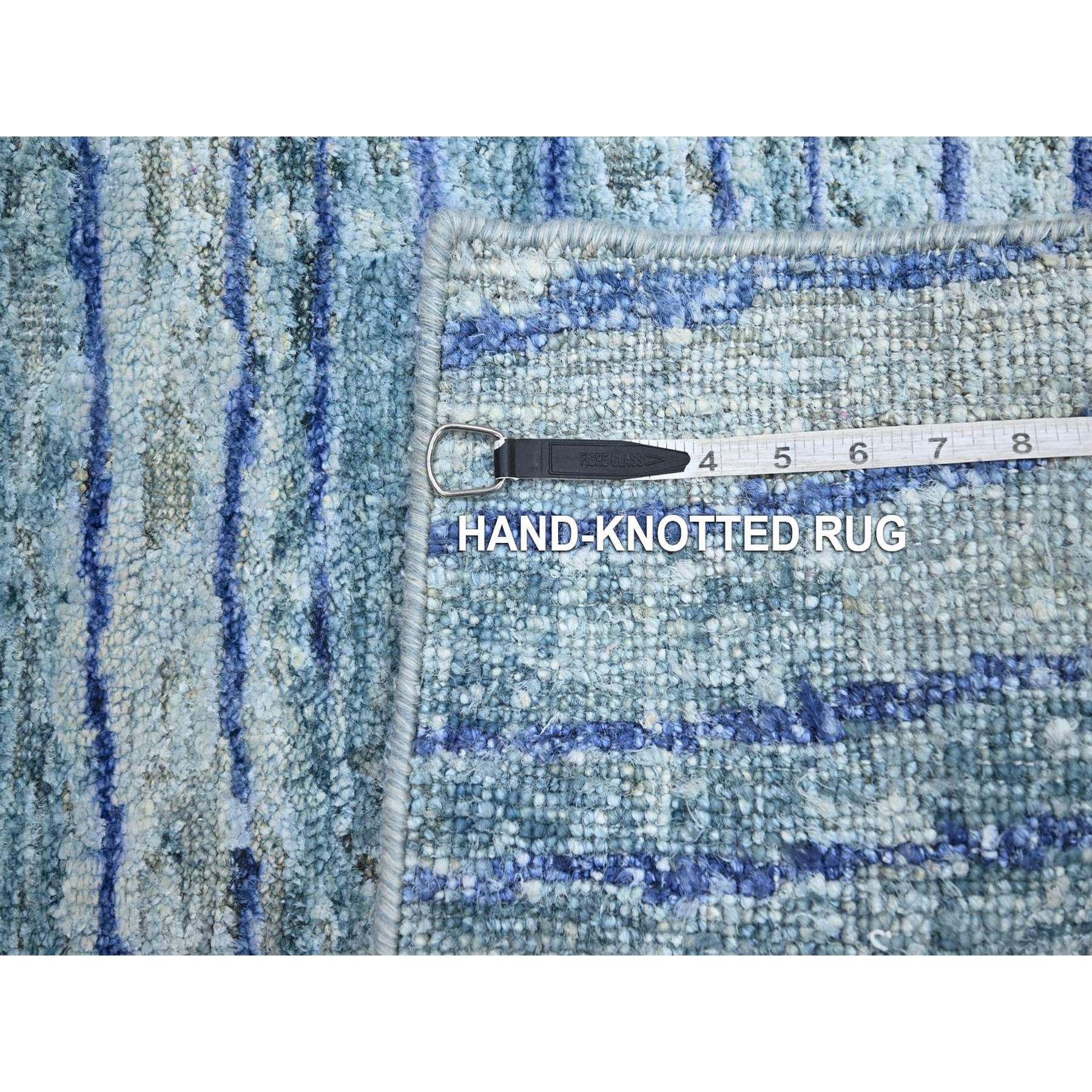 2'x4' Aqua Blue with a Mix of Teal, Modern, Wavy Design, 100% Silk, Hand Knotted, Soft Pile, Mat, Sample, Oriental Rug Sh75710
