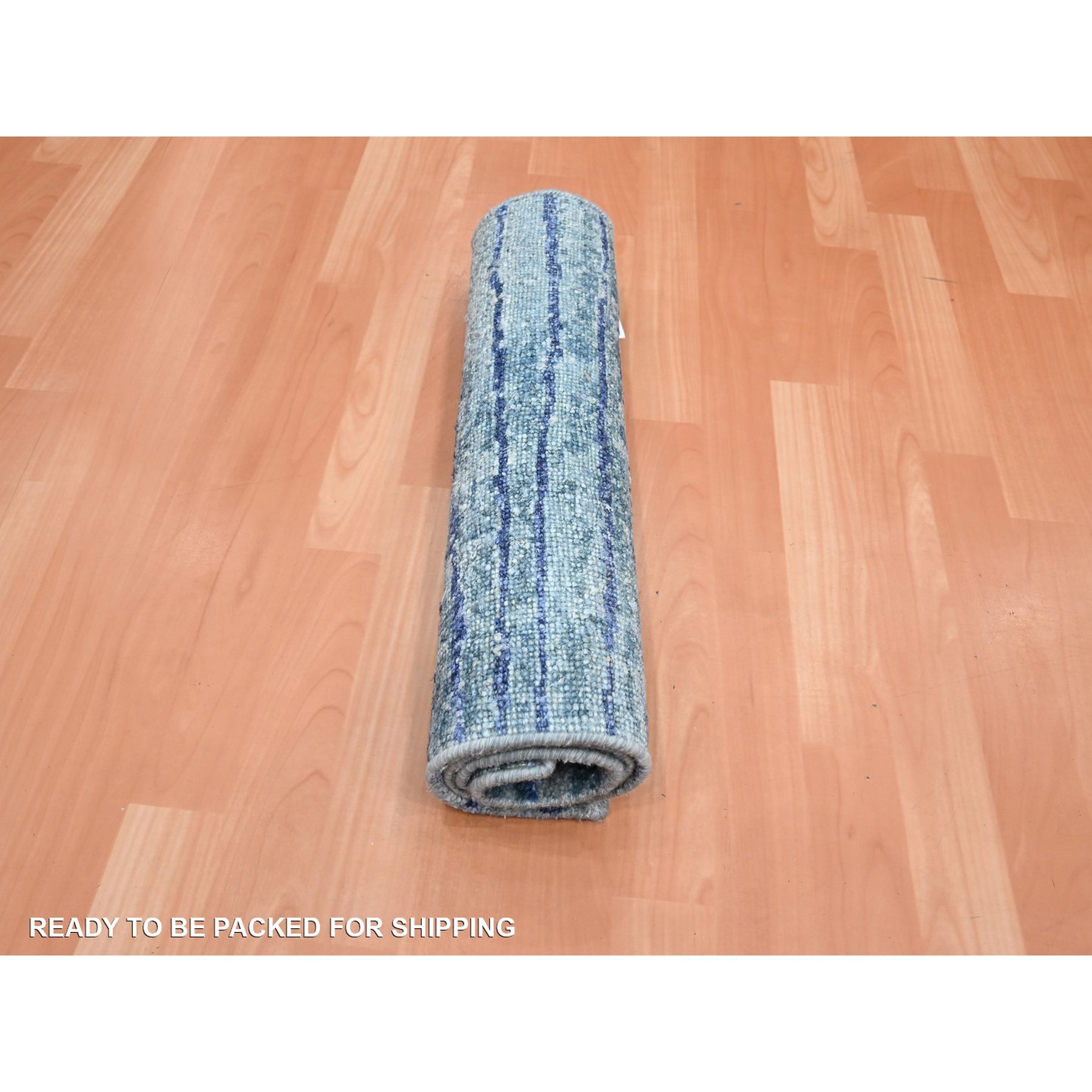 2'x4' Aqua Blue with a Mix of Teal, Modern, Wavy Design, 100% Silk, Hand Knotted, Soft Pile, Mat, Sample, Oriental Rug Sh75710