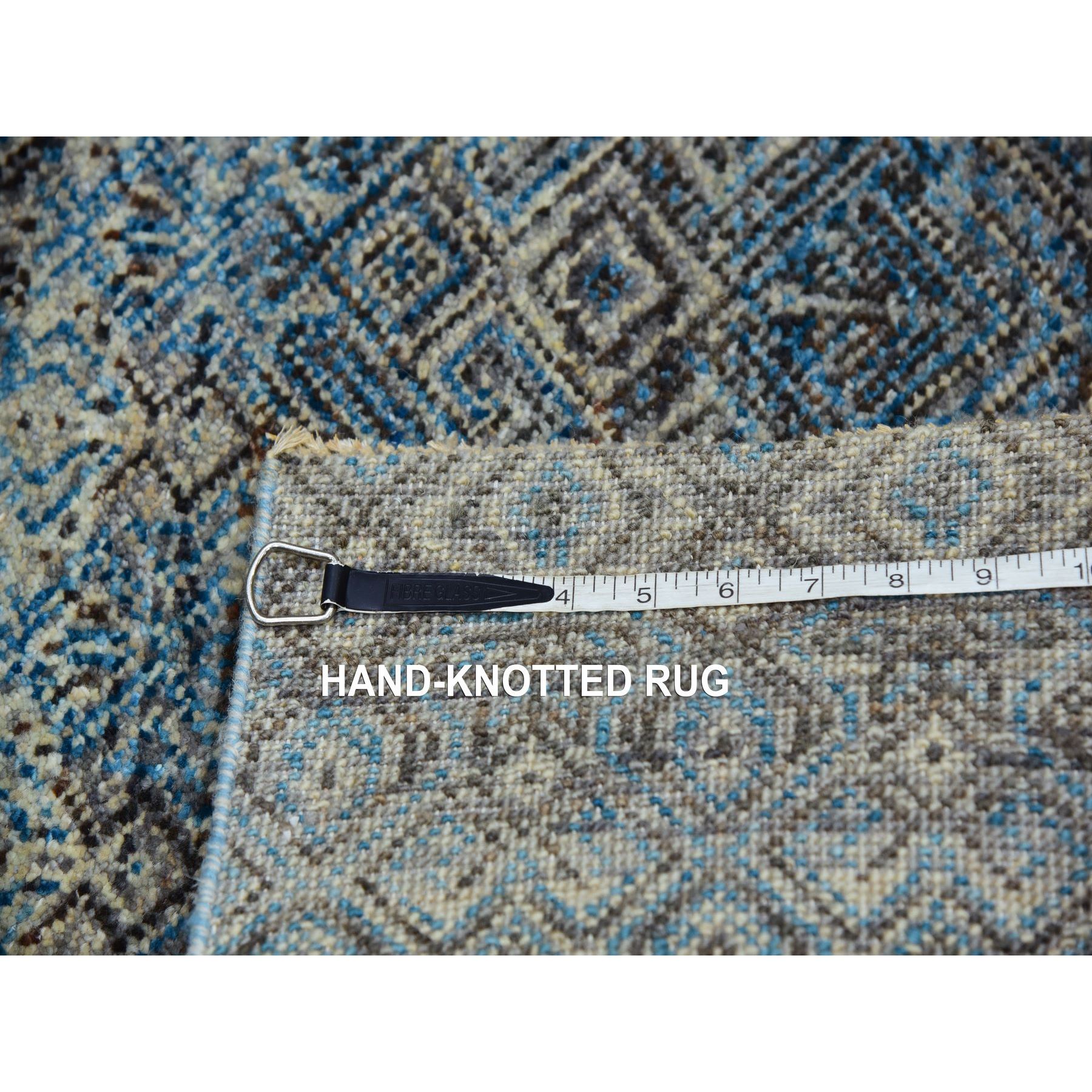 2'6"x8' Flickr Blue, Shiny Wool, Tone on Tone, Diamond Shape Repetitive Design, Hand Knotted Kohinoor Herat, Borderless Runner Oriental Rug Sh76009
