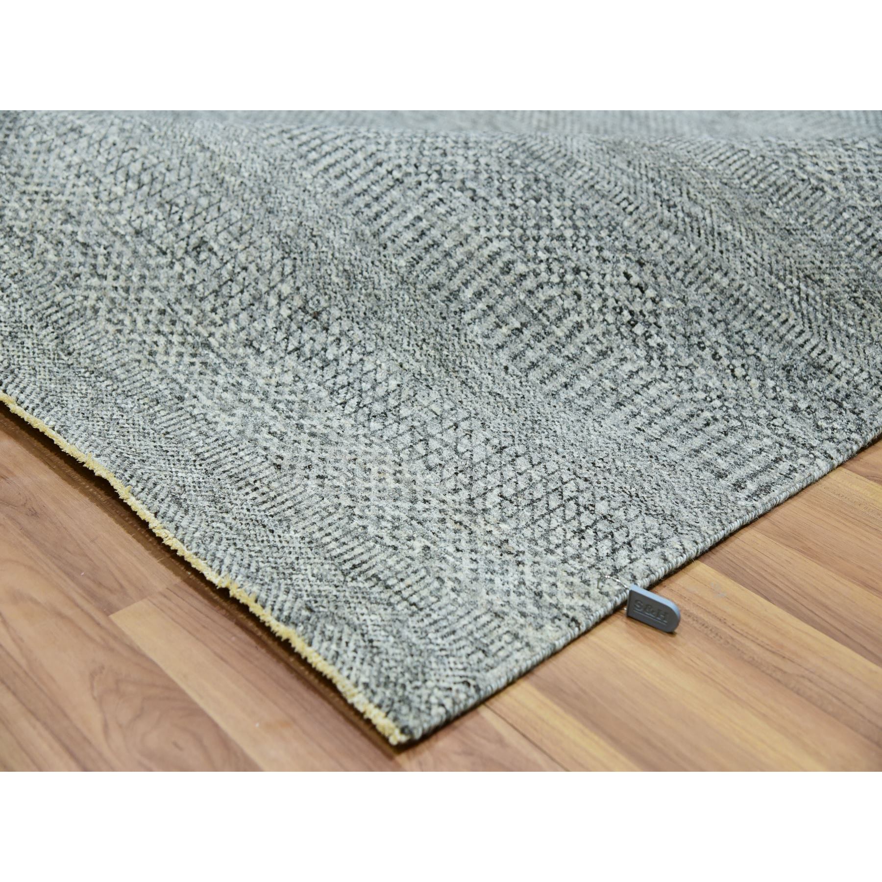 8'x8' Glacier Gray, Bohemian Modern Grass Design, Tone on Tone, Hand Knotted, Pure Undyed Wool, Square Oriental Rug Sh76010