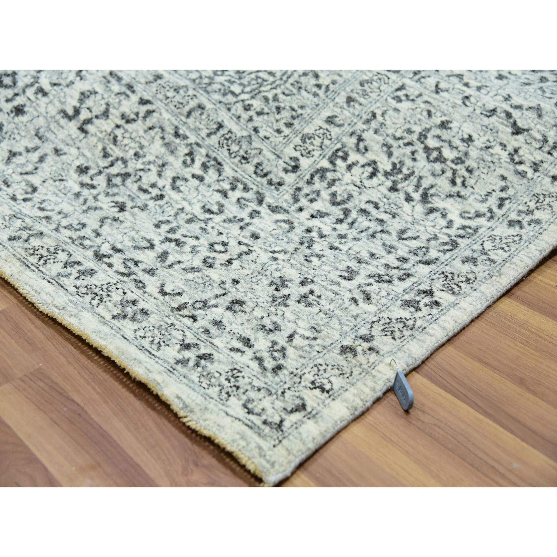 8'x8' Marshmallow White, Undyed Mamluk Dynasty Design, Tone on Tone, Pure Wool, Hand Knotted Square Oriental Rug Sh76011