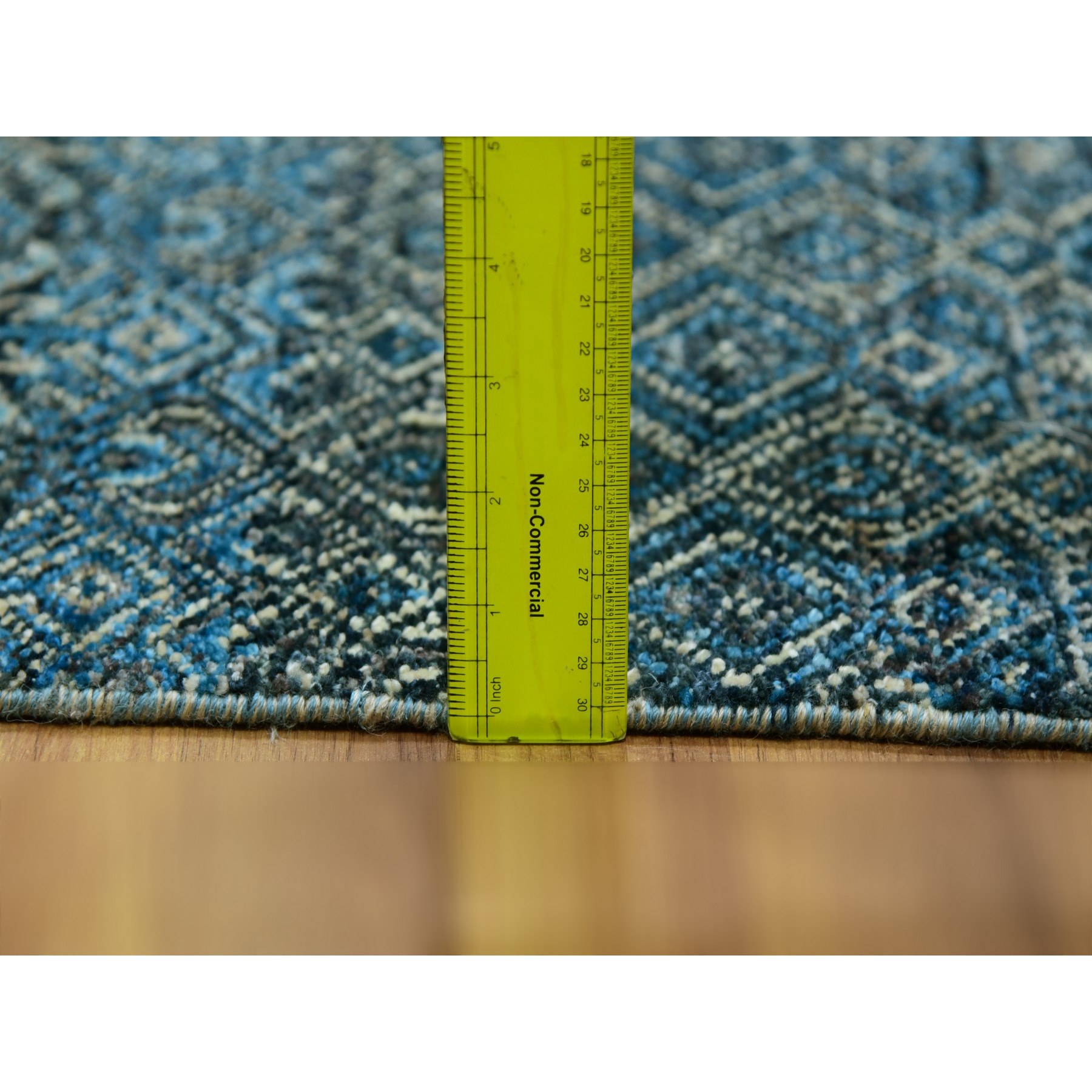 2'8"x8'1" Azure Blue, Hand Knotted, Borderless Kohinoor Herat, All Over Small Geometric Repetitive Diamond Pattern, Shiny Soft Wool, Runner Oriental Rug Sh76014
