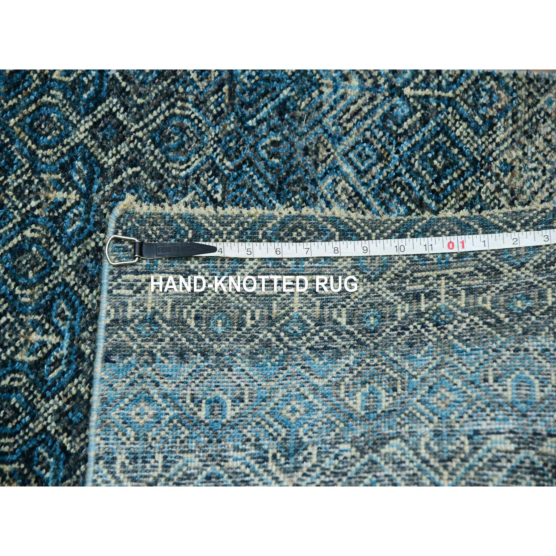 2'8"x8'1" Azure Blue, Hand Knotted, Borderless Kohinoor Herat, All Over Small Geometric Repetitive Diamond Pattern, Shiny Soft Wool, Runner Oriental Rug Sh76014