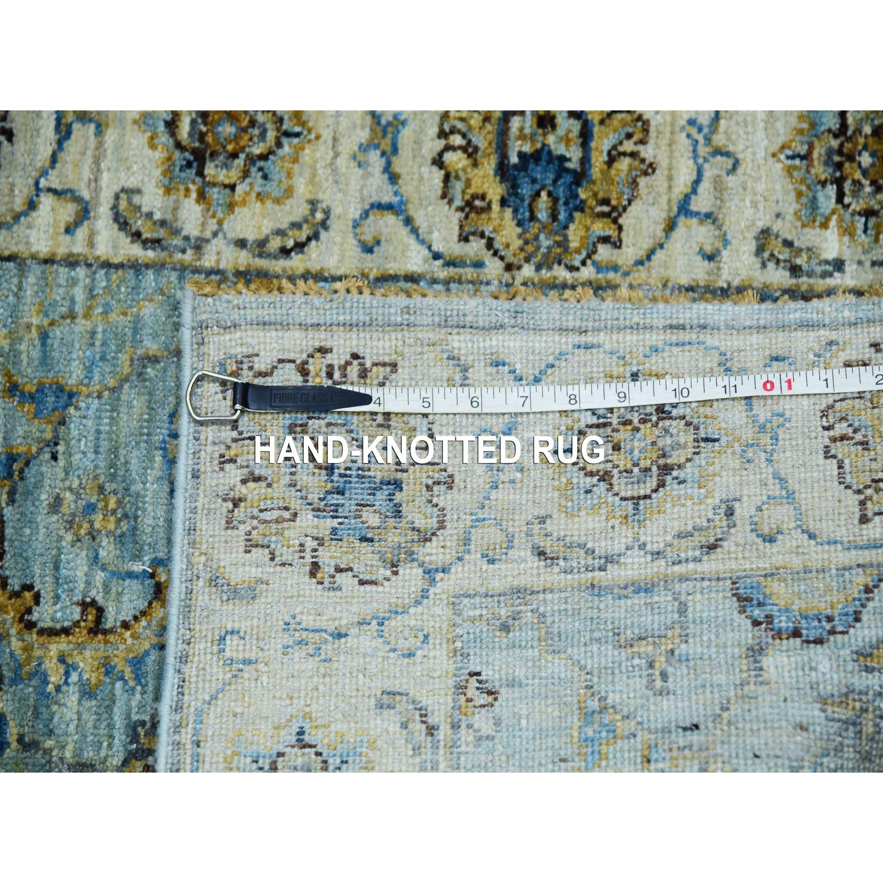 2'6"x22' Iced Aqua Blue, Vegetable Dyes, Agra Shah Abbas Flowering Vines Design, Hand Knotted Organic Wool,  Denser Weave, XL Runner Oriental Rug Sh76036
