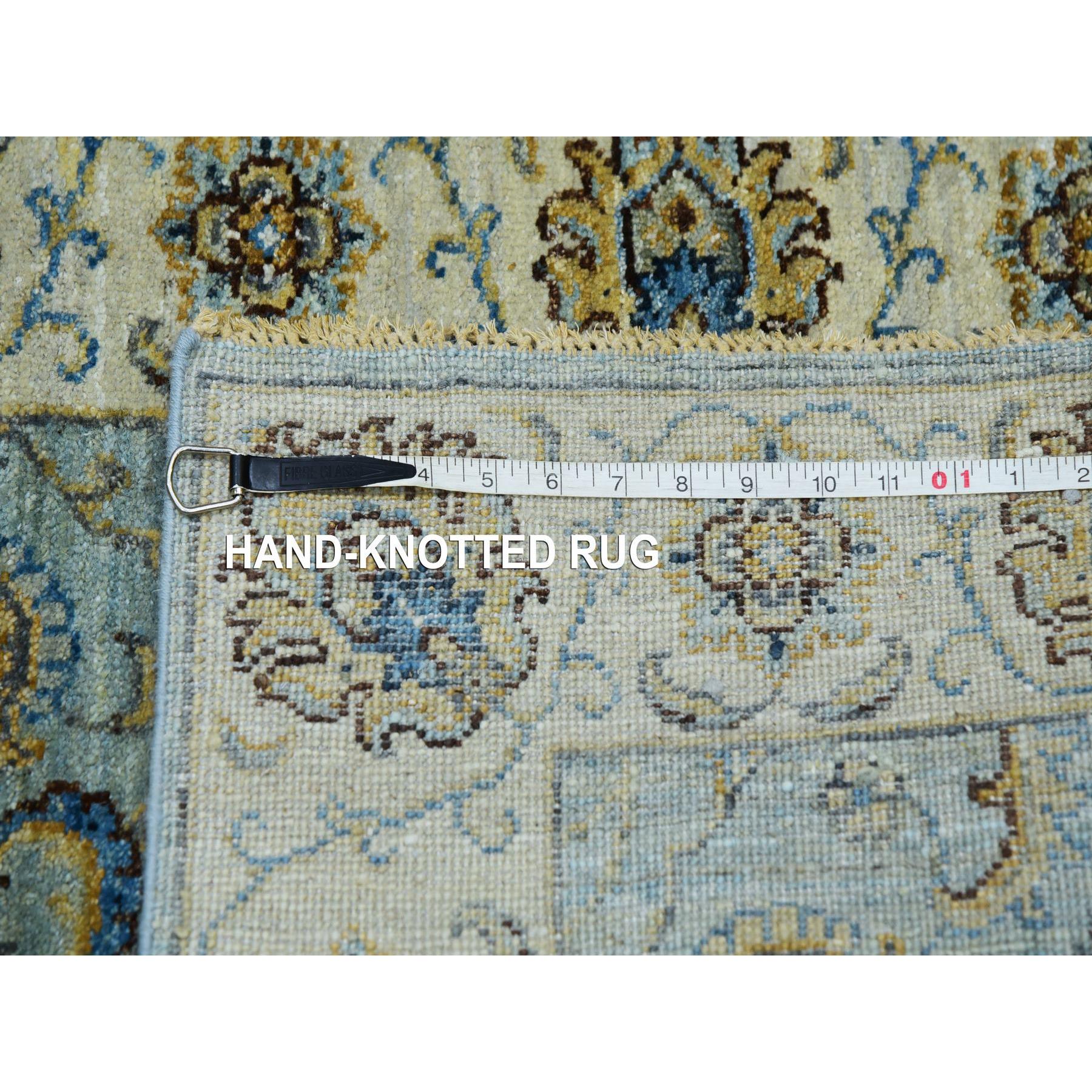 2'8"x29'9" Shades of Blue With Cornsilk White, Shiny Wool, Hand Knotted Vegetable Dyes, Shah Abbas Agra Floral Motifs, Densely Woven XL Runner Oriental Rug Sh76039